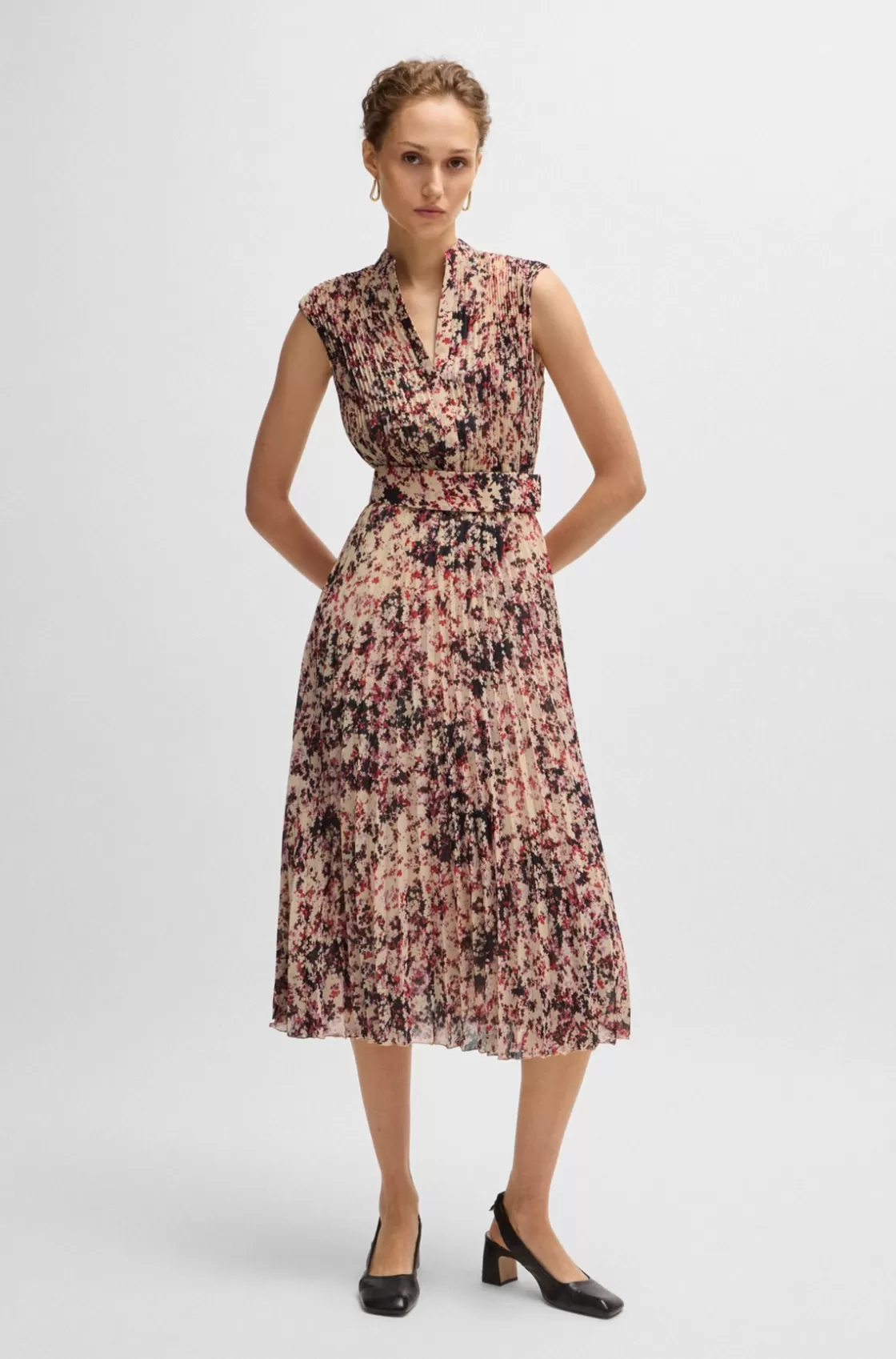 HUGO BOSS Plissé-crepe Dress With Floral Print Patterned Sale