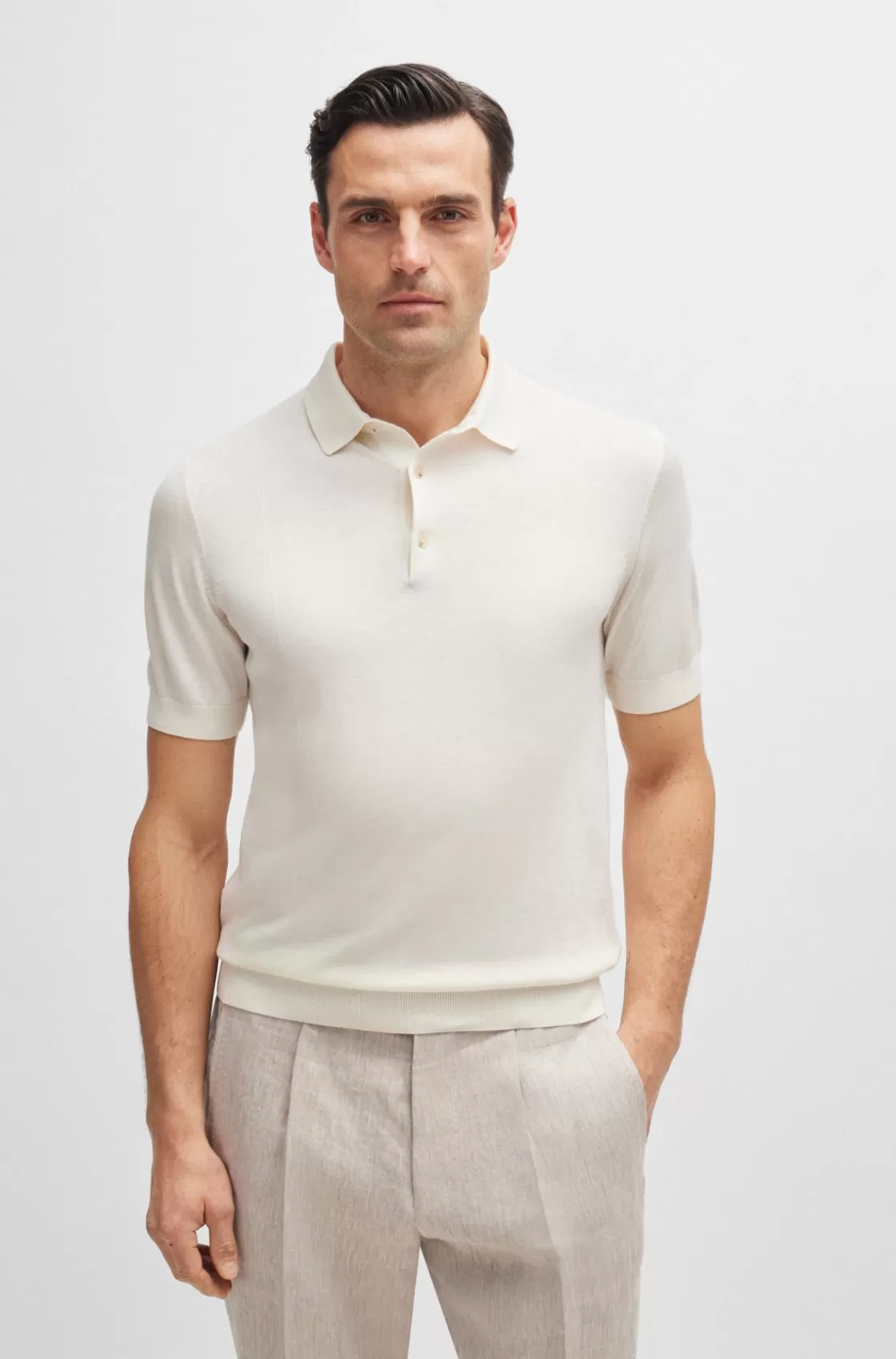 HUGO BOSS Polo-collar Regular-fit Sweater In Silk And Cotton White Discount