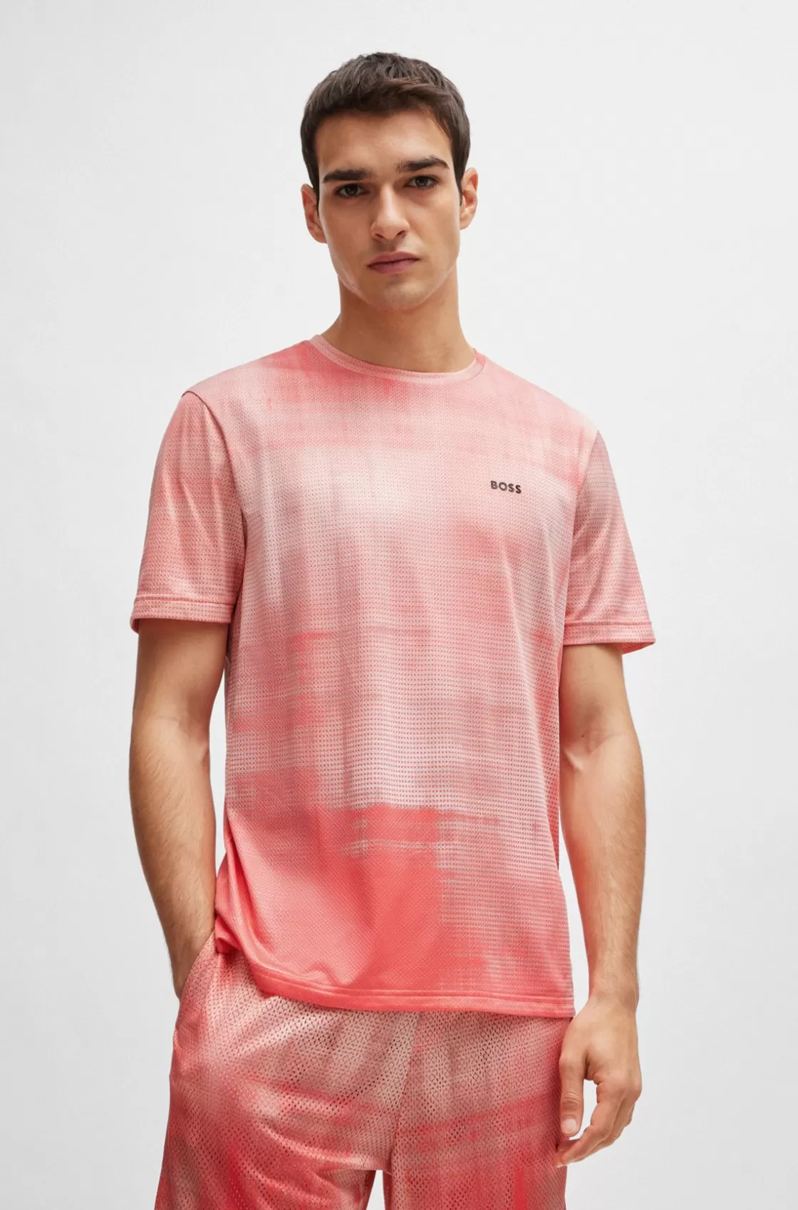 HUGO BOSS Printed-mesh Regular-fit T-shirt With Logo Detail Light Red Hot
