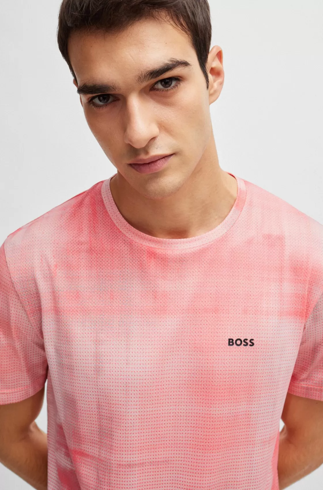 HUGO BOSS Printed-mesh Regular-fit T-shirt With Logo Detail Light Red Hot