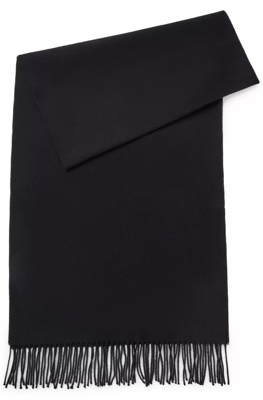 HUGO BOSS Pure-wool Scarf With Embroidered Logo And Fringing Black New