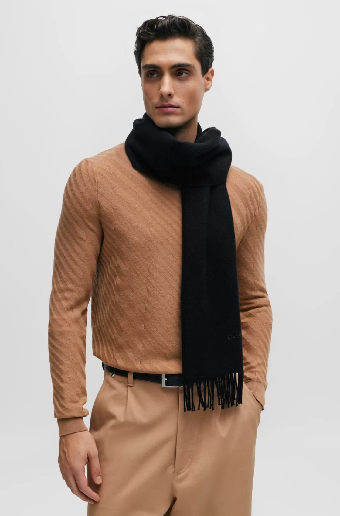HUGO BOSS Pure-wool Scarf With Embroidered Logo And Fringing Black New