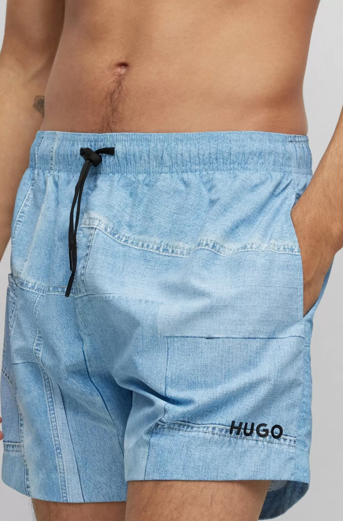 HUGO BOSS Quick-dry Swim Shorts With Denim Print Light Blue Cheap