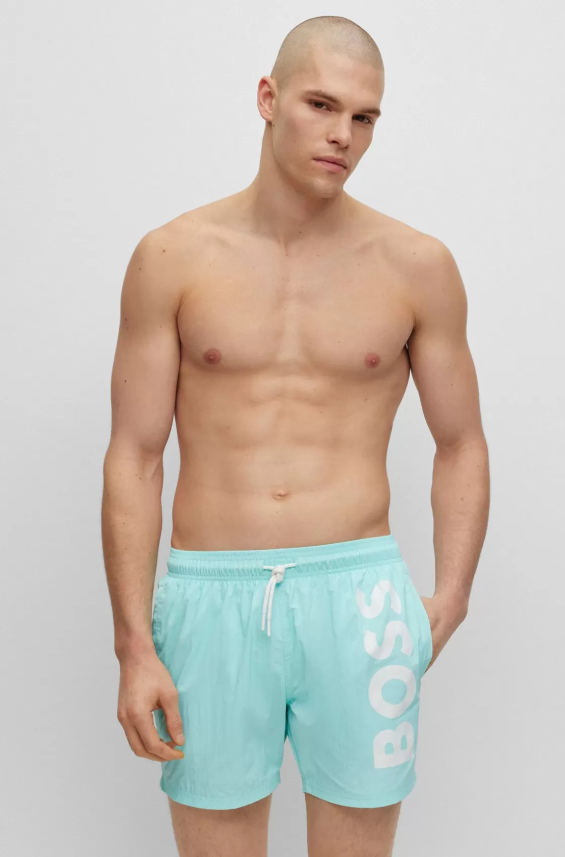 HUGO BOSS Quick-dry Swim Shorts With Large Logo Print Light Blue Cheap