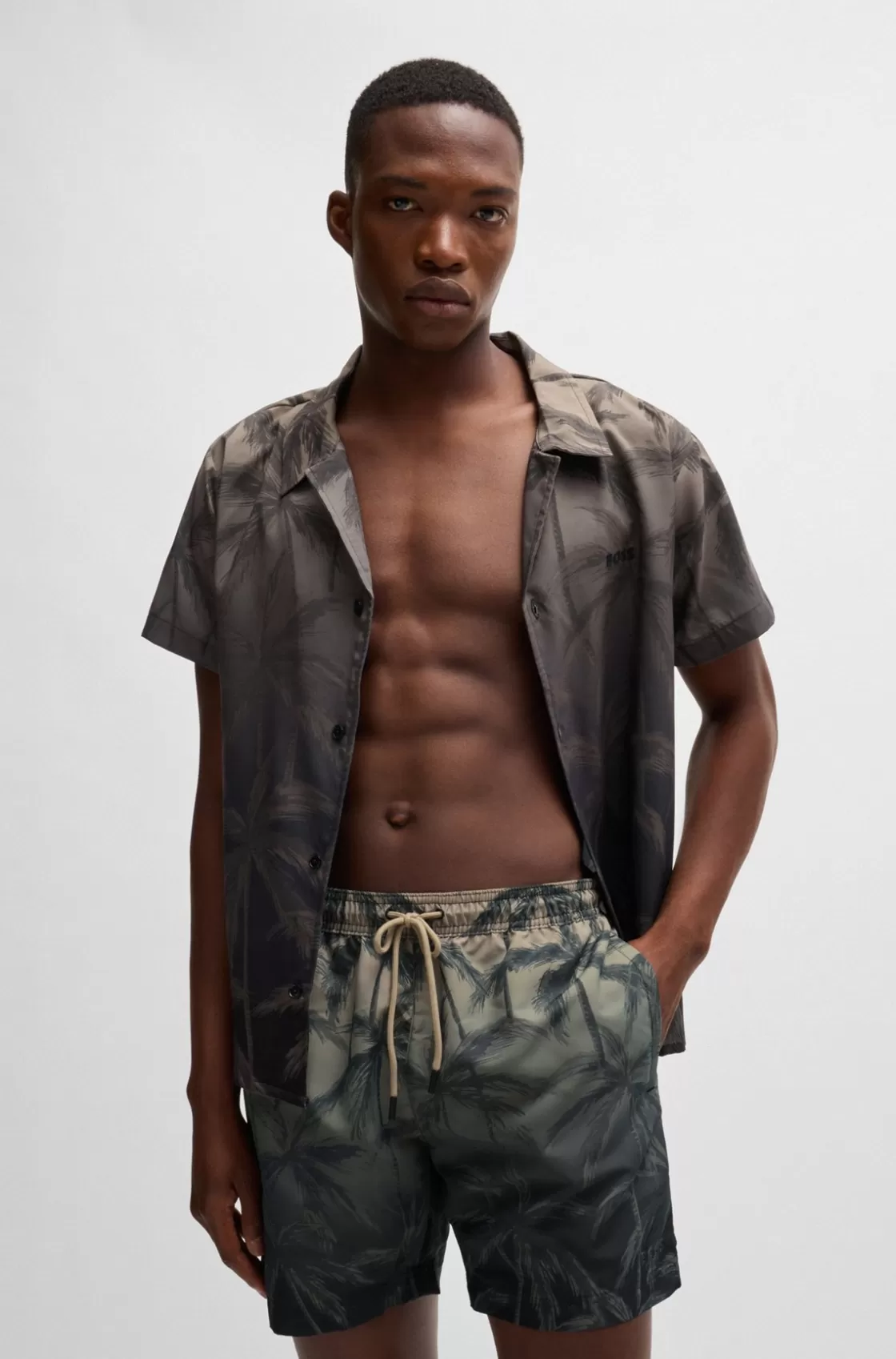 HUGO BOSS Quick-dry Swim Shorts With Seasonal Print Khaki Cheap