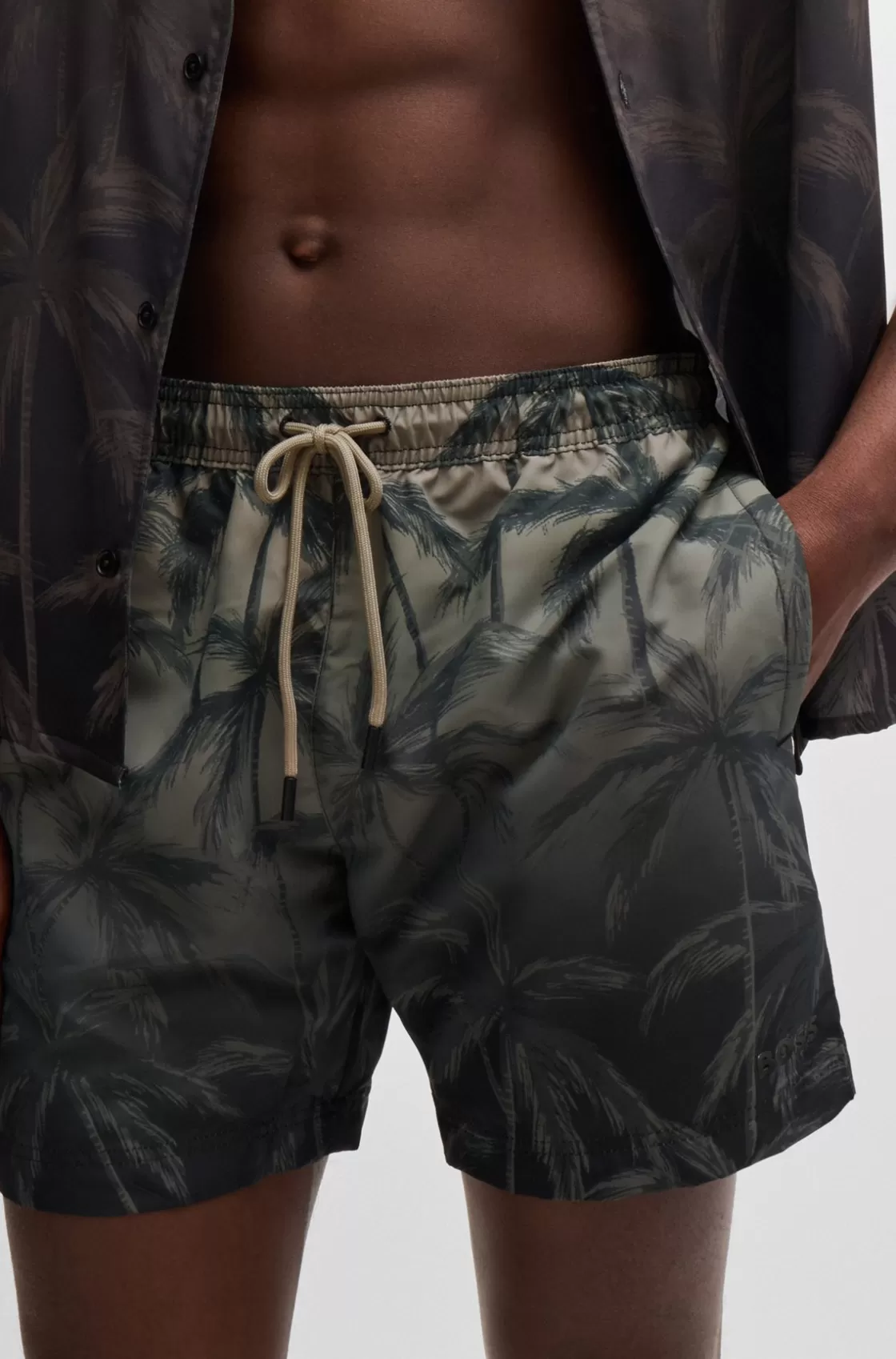HUGO BOSS Quick-dry Swim Shorts With Seasonal Print Khaki Cheap