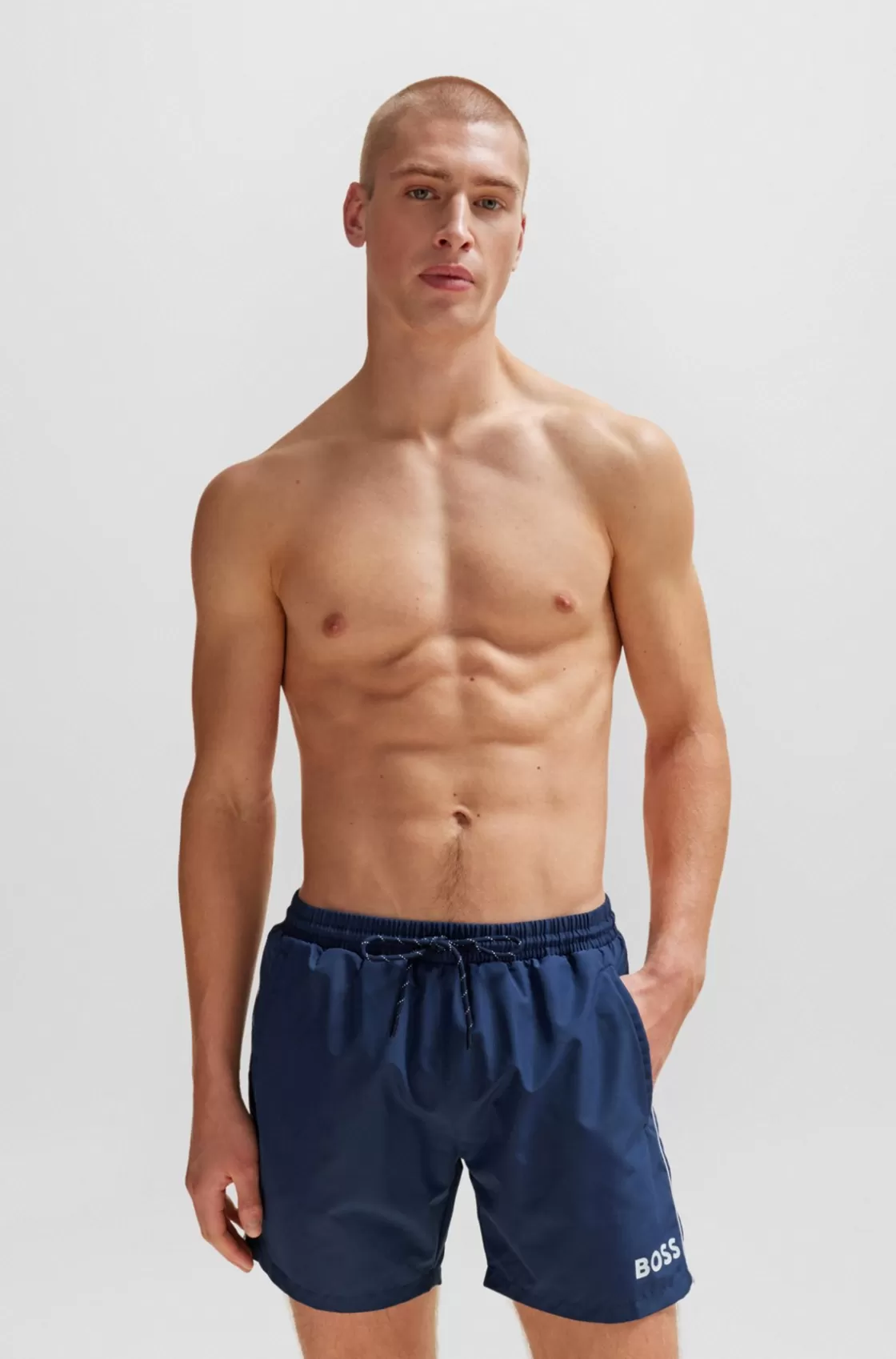 HUGO BOSS Quick-drying Swim Shorts With Logo And Piping Dark Blue New