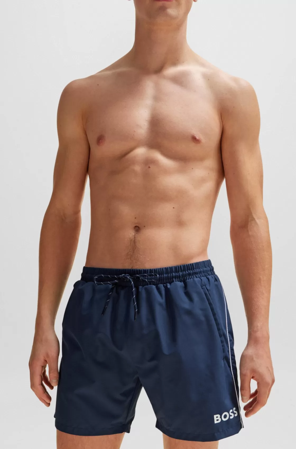HUGO BOSS Quick-drying Swim Shorts With Logo And Piping Dark Blue New