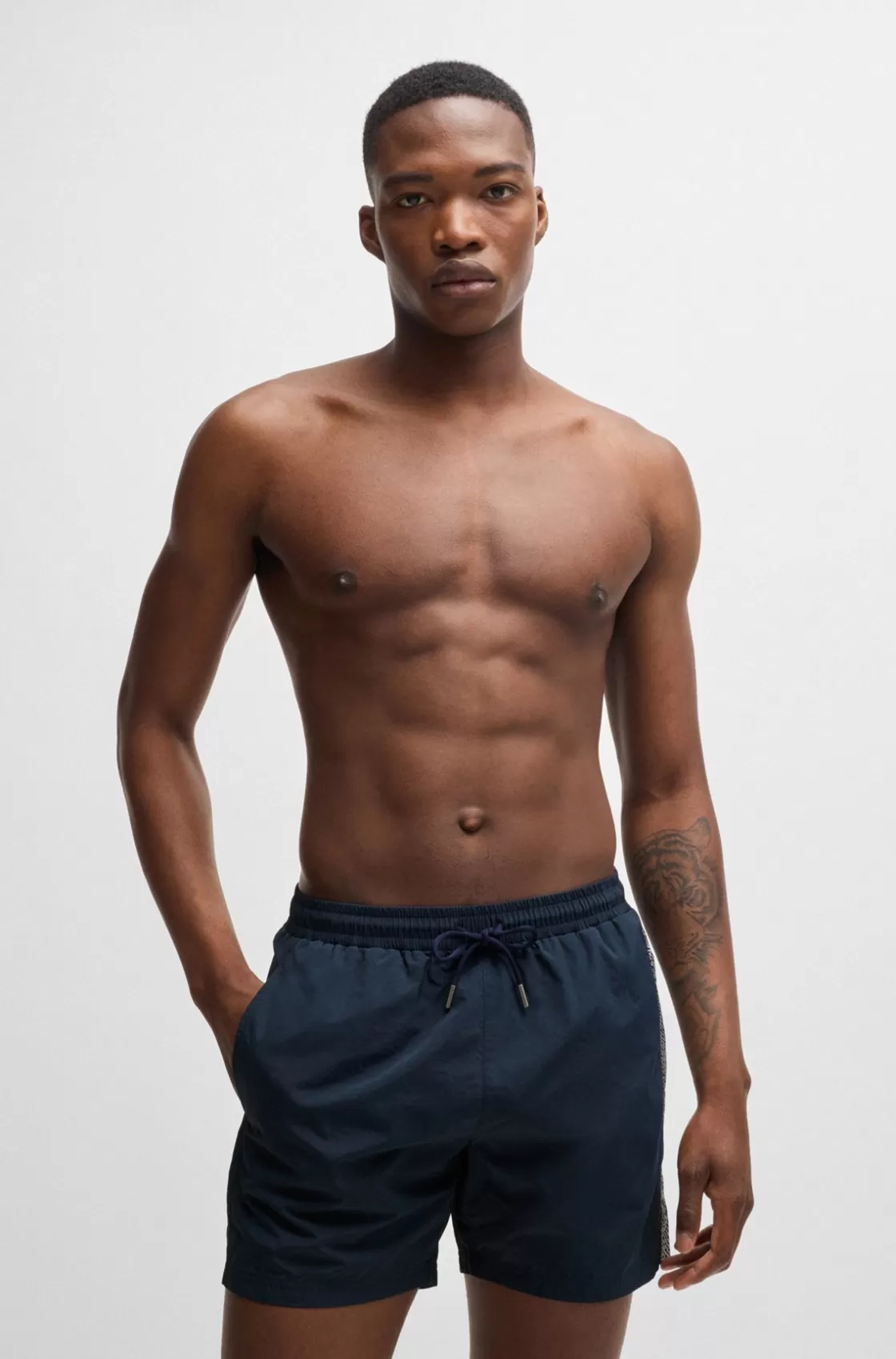HUGO BOSS Quick-drying Swim Shorts With Metallic Logo Dark Blue Flash Sale