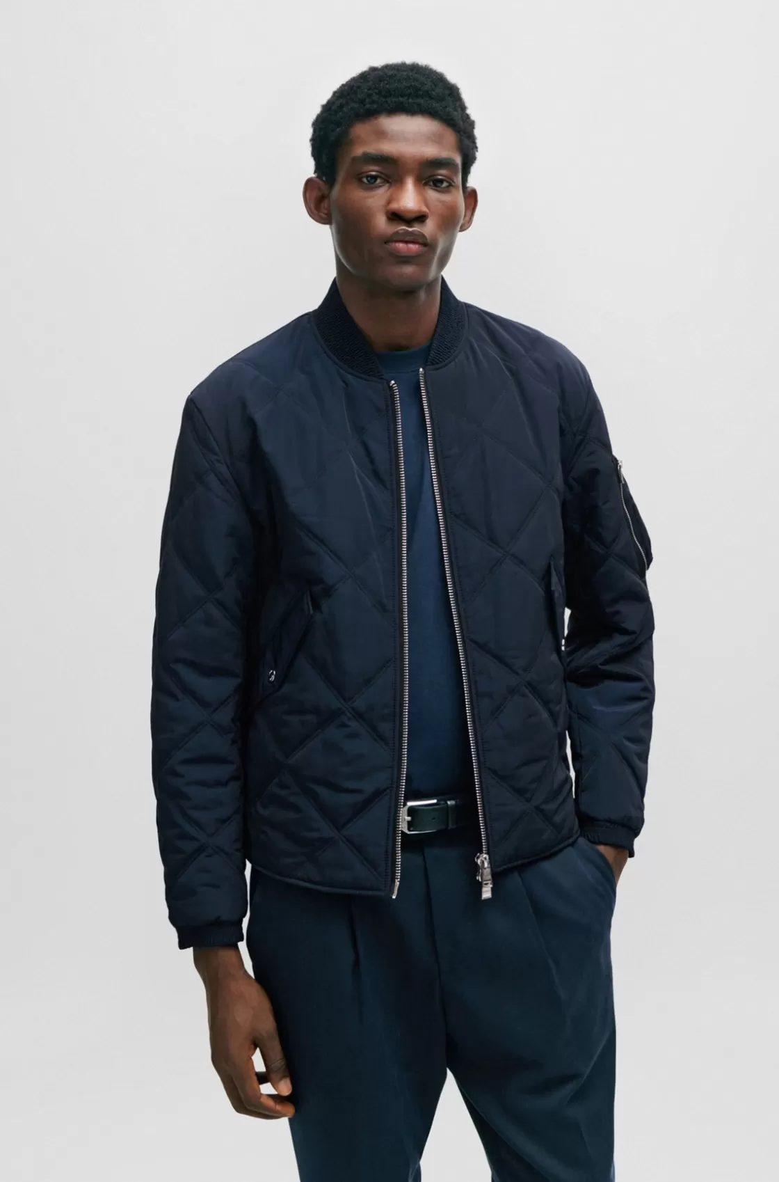 HUGO BOSS Quilted Regular-fit Jacket With Branded Sleeve Pocket Dark Blue Clearance