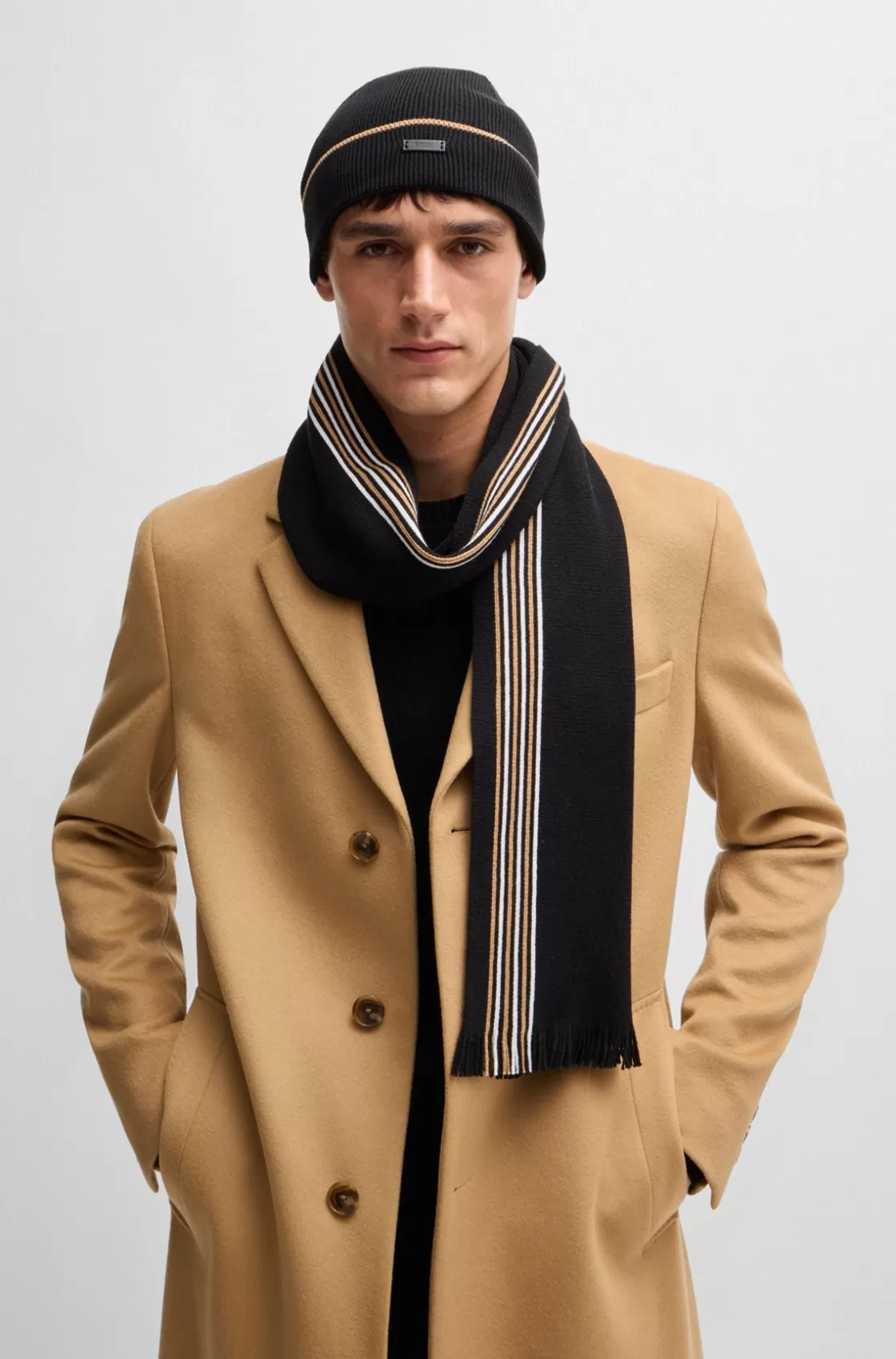 HUGO BOSS Raschel-knit Scarf And Hat Set In Gift Box Black Flash Sale