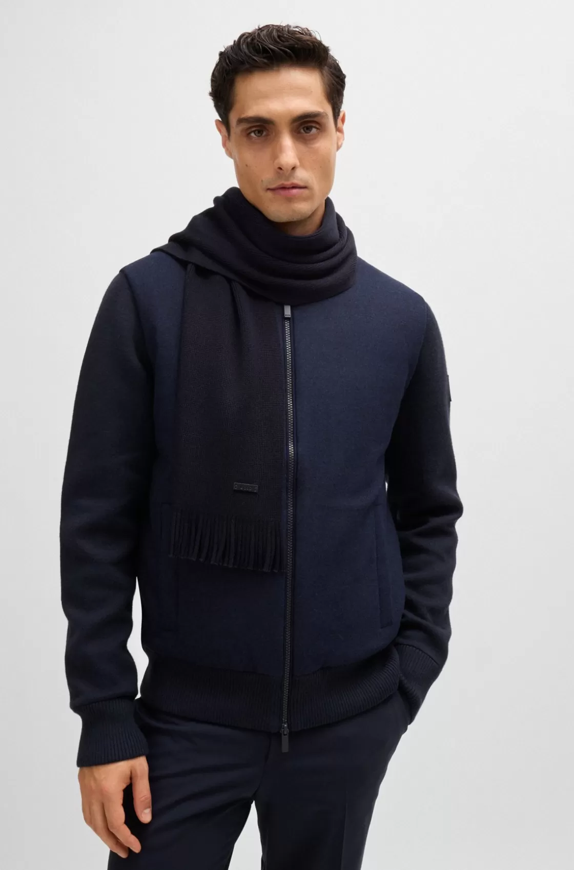 HUGO BOSS Raschel-knit Scarf In Wool Dark Blue Clearance