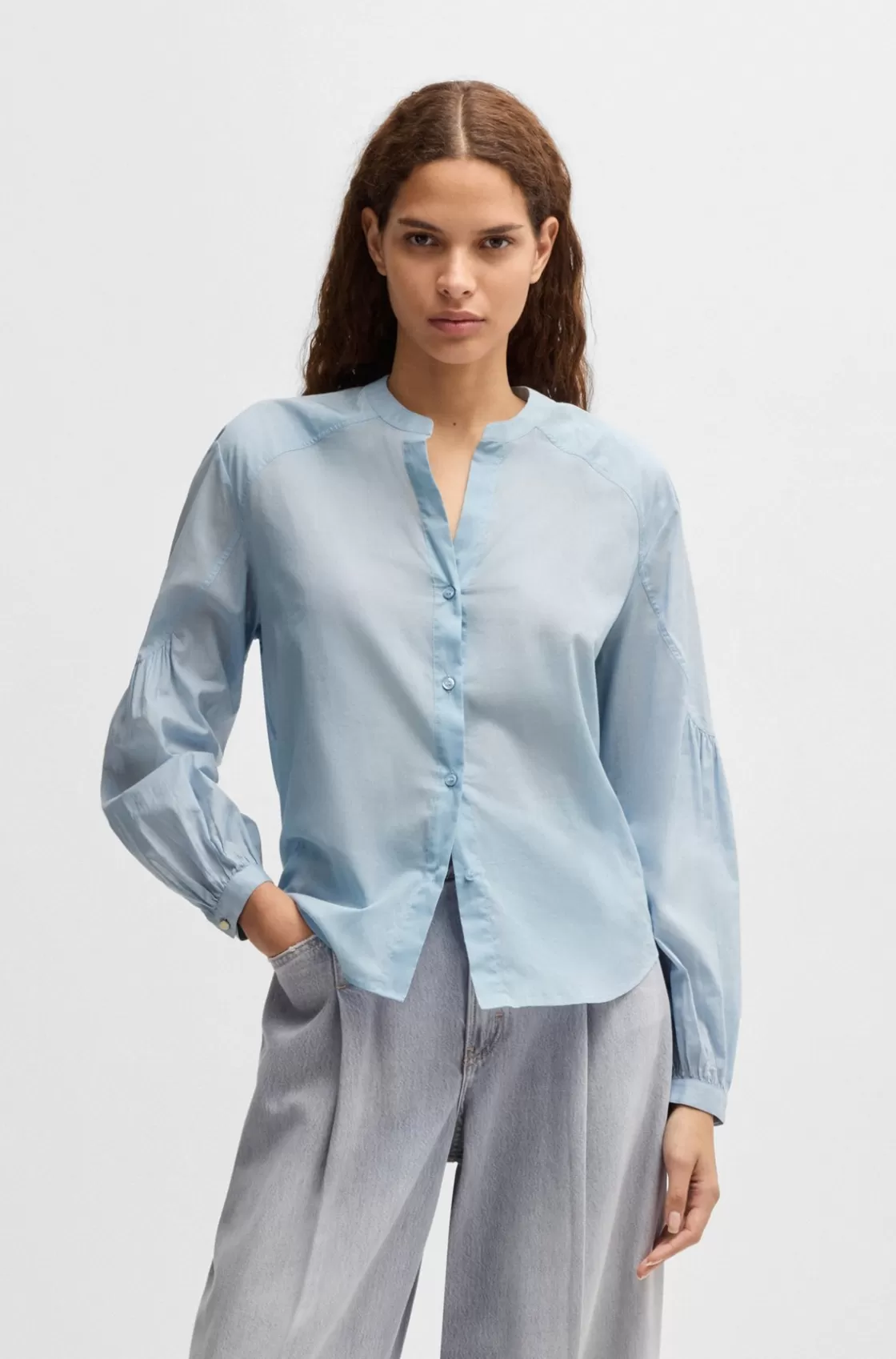 HUGO BOSS Regular-fit Blouse In Cotton Voile With Wide Sleeves Blue Best Sale