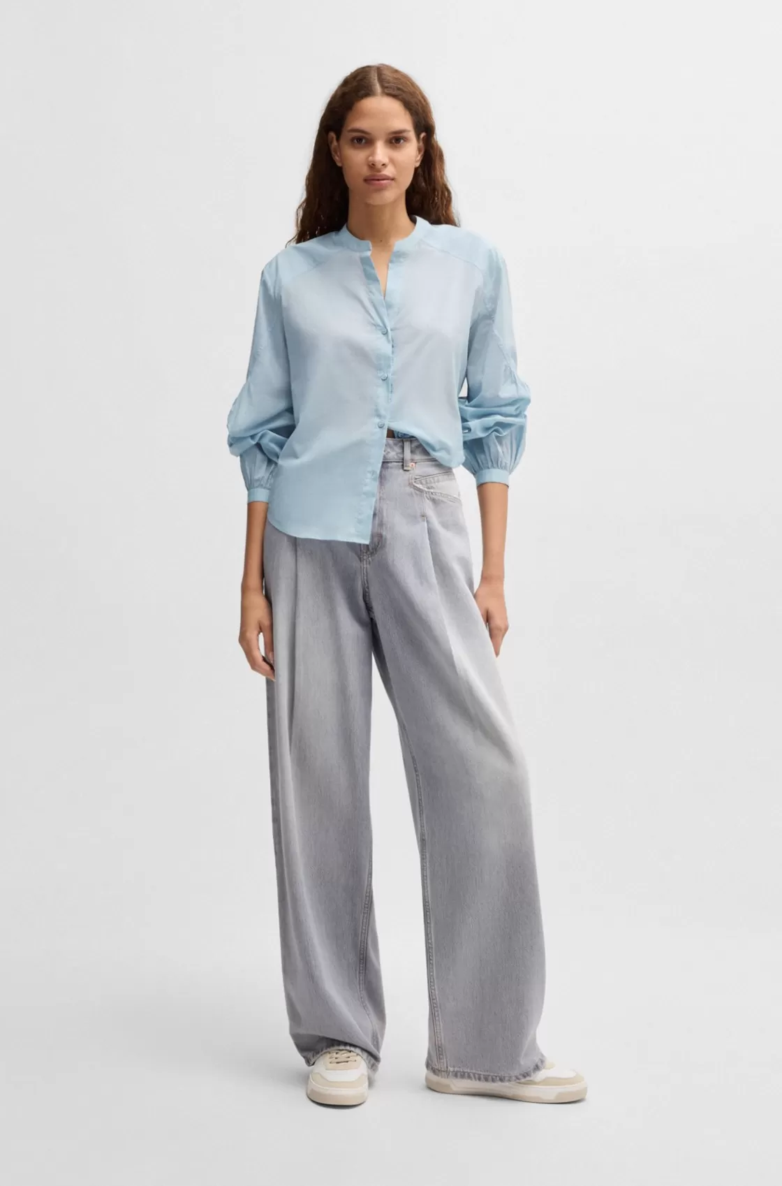 HUGO BOSS Regular-fit Blouse In Cotton Voile With Wide Sleeves Blue Best Sale