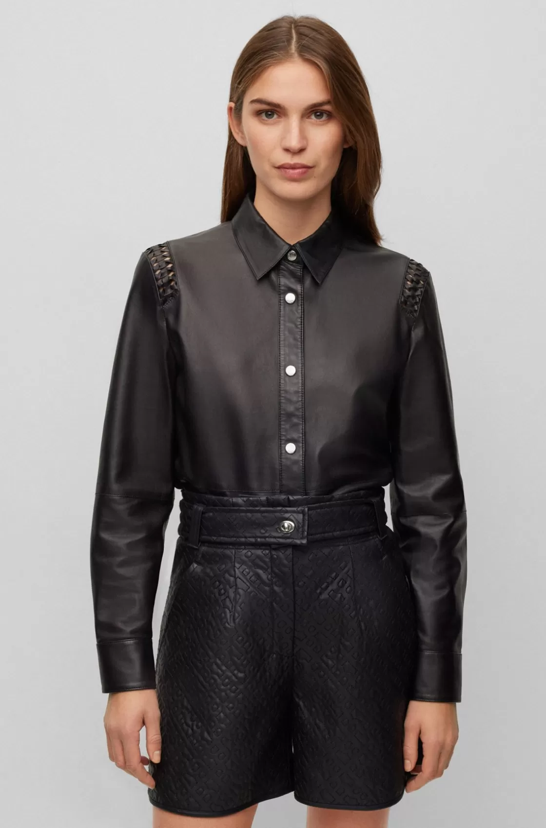HUGO BOSS Regular-fit Blouse In Leather With Woven Details Black Discount