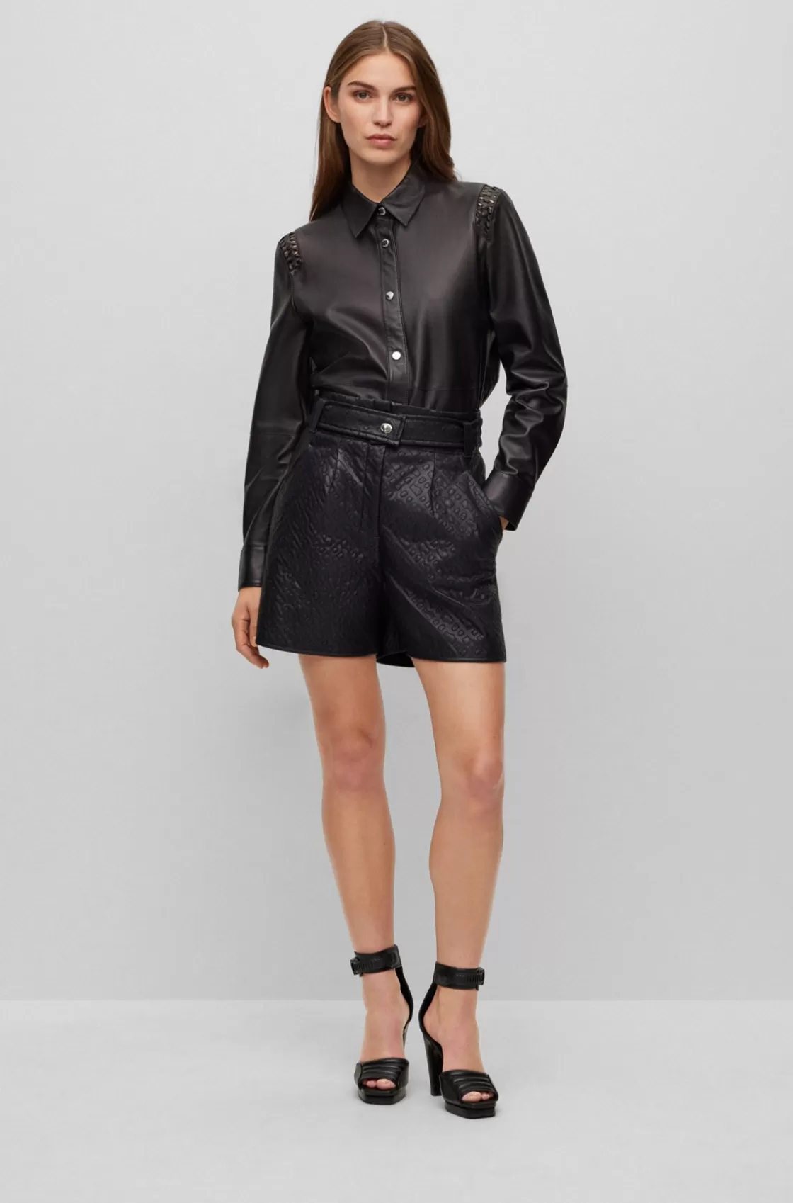 HUGO BOSS Regular-fit Blouse In Leather With Woven Details Black Discount