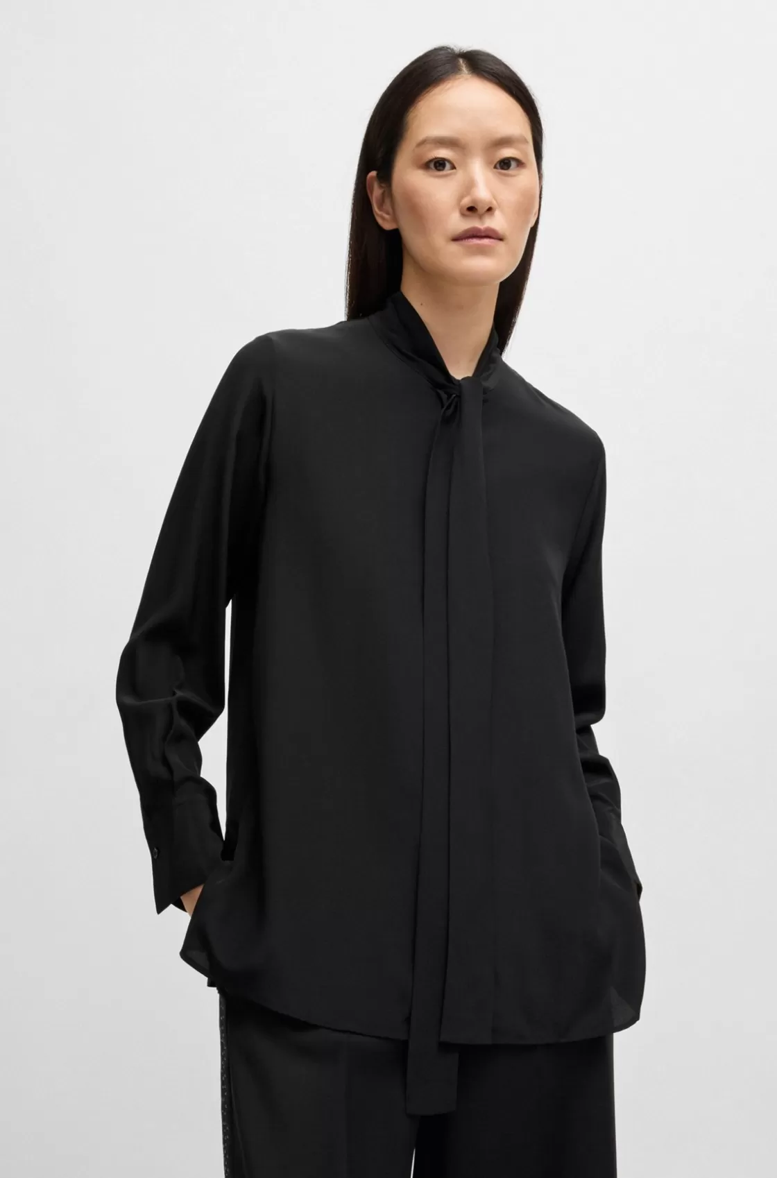 HUGO BOSS Regular-fit Blouse In Silk With Bow-tie Collar Black Fashion