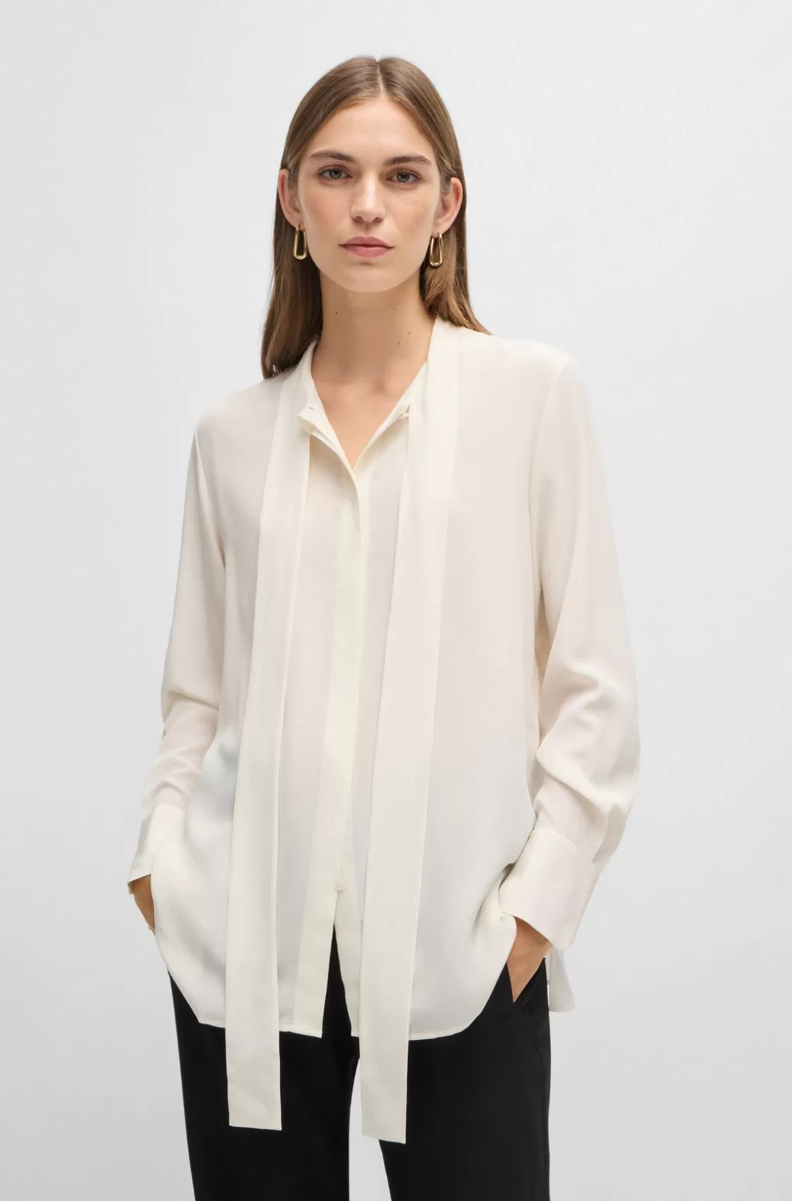 HUGO BOSS Regular-fit Blouse In Silk With Bow-tie Collar White New
