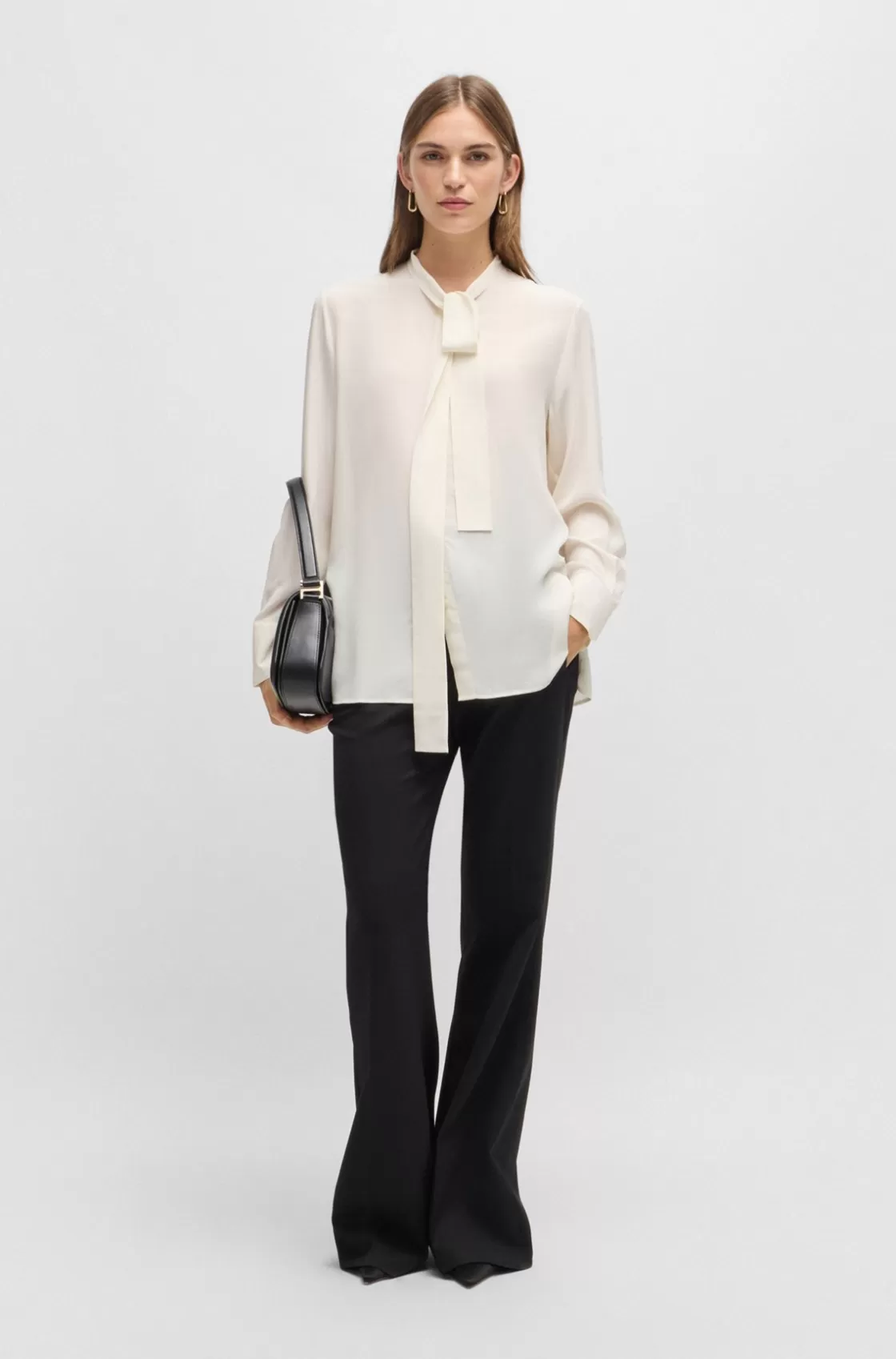 HUGO BOSS Regular-fit Blouse In Silk With Bow-tie Collar White New