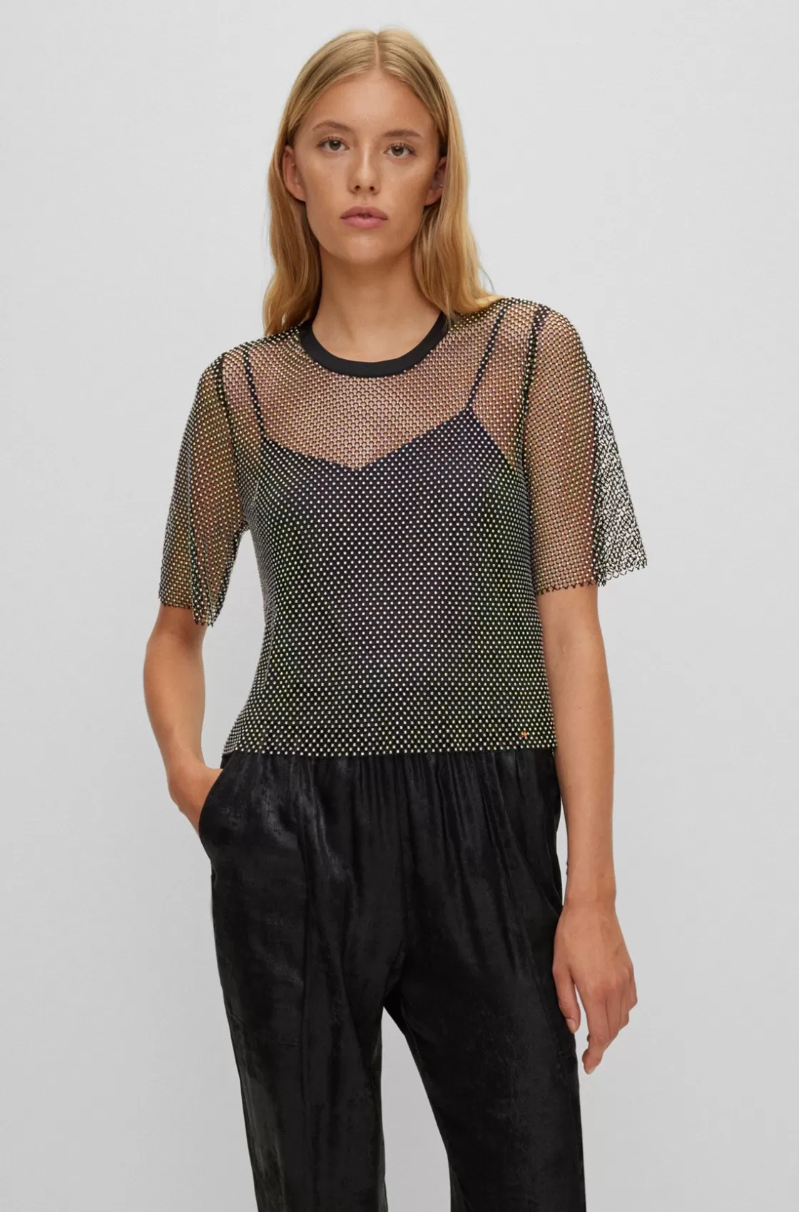 HUGO BOSS Regular-fit Blouse In Sparkling Mesh With Crystal Details Black Sale