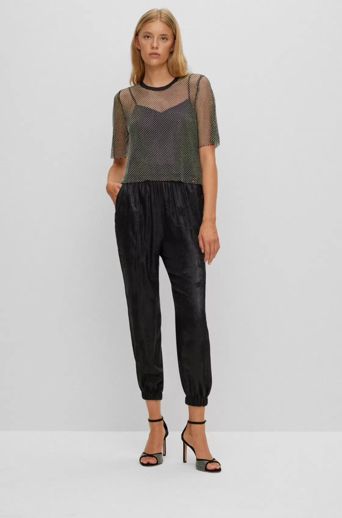 HUGO BOSS Regular-fit Blouse In Sparkling Mesh With Crystal Details Black Sale