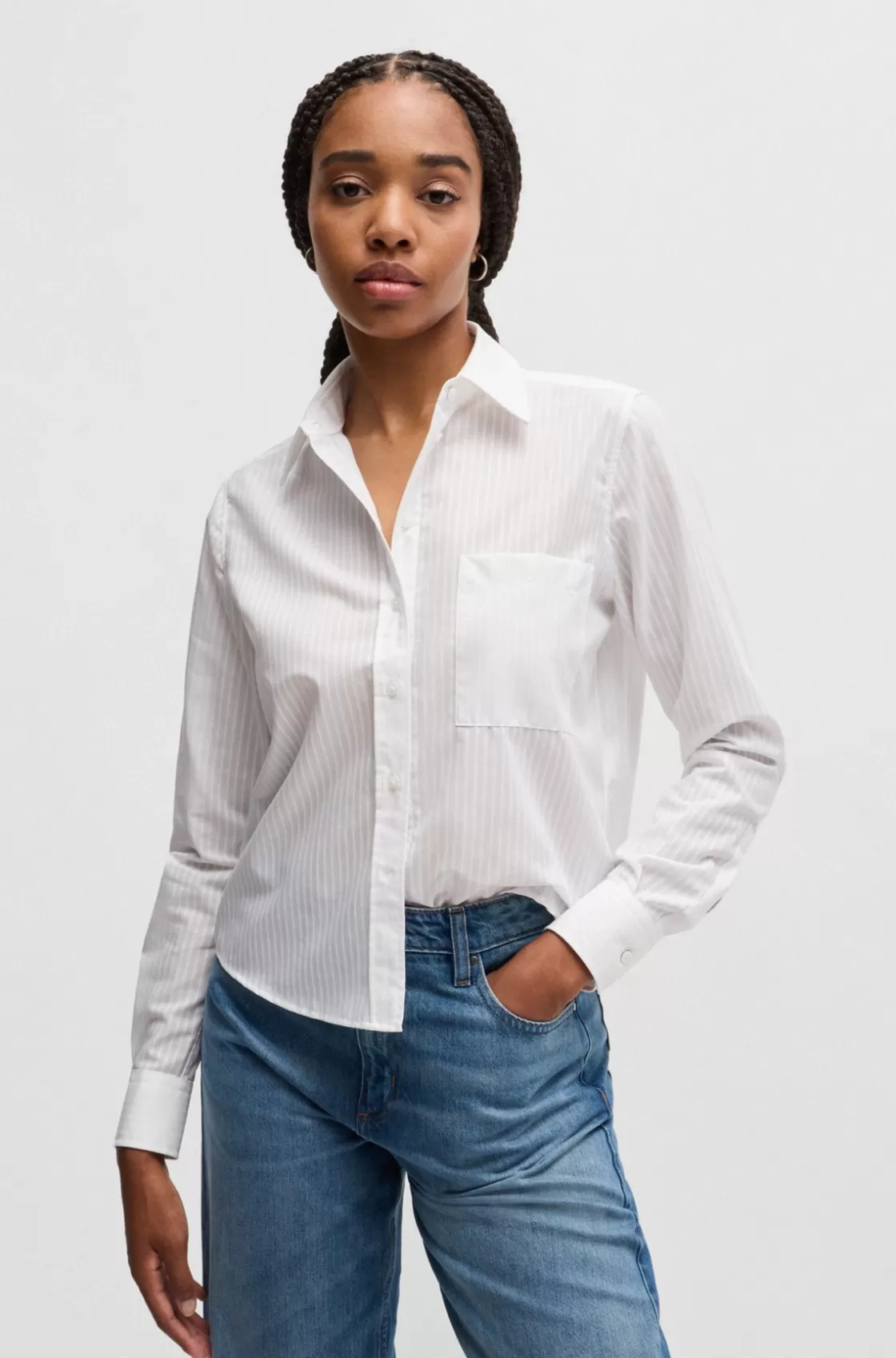 HUGO BOSS Regular-fit Blouse In Striped Cotton White Flash Sale