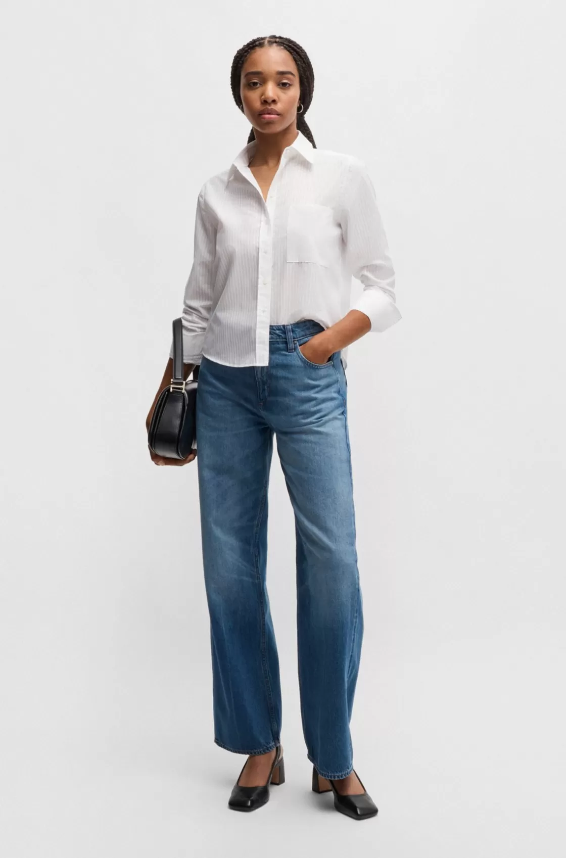 HUGO BOSS Regular-fit Blouse In Striped Cotton White Flash Sale