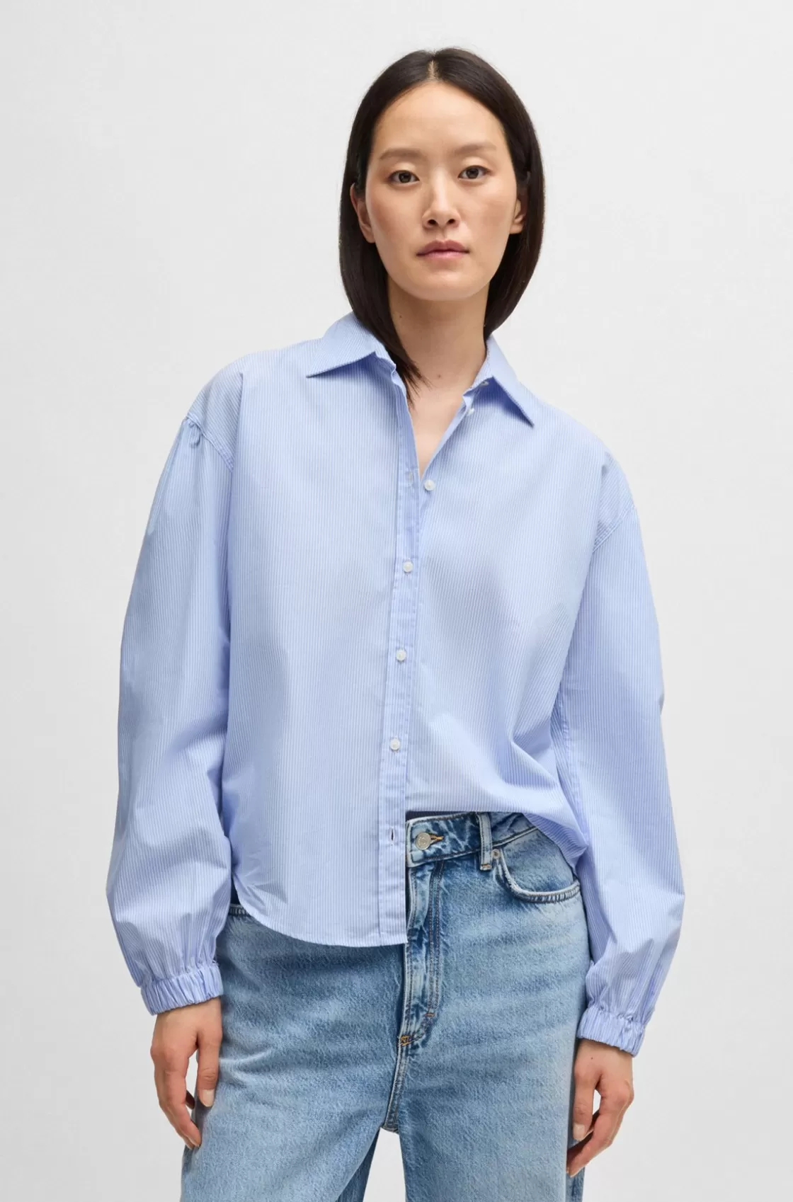HUGO BOSS Regular-fit Blouse In Striped Cotton Poplin Blue Cheap