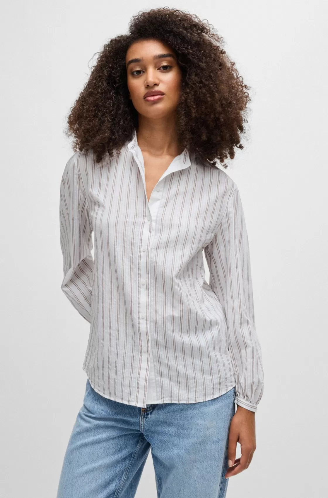 HUGO BOSS Regular-fit Blouse In Striped Cotton Poplin White Flash Sale