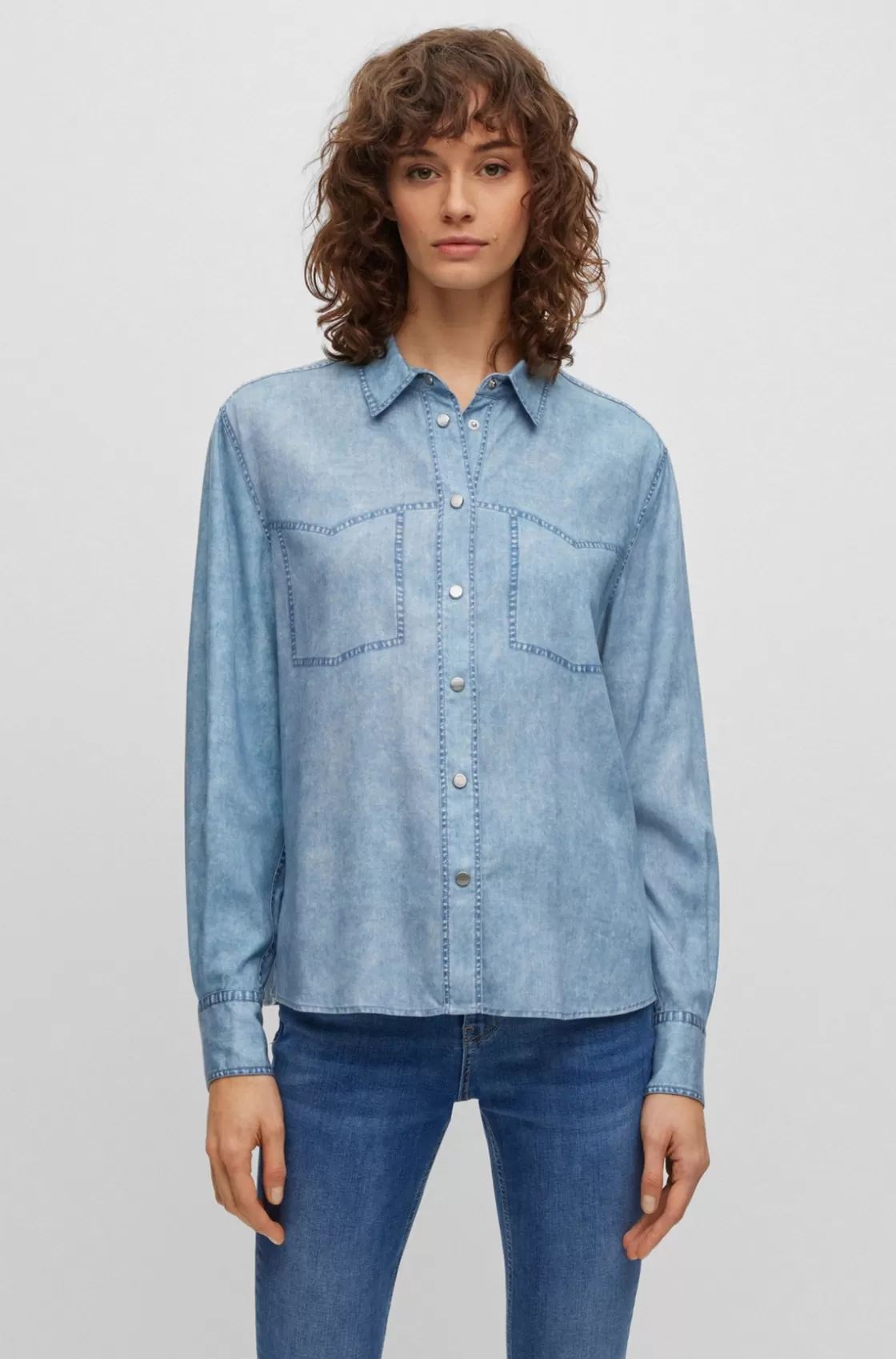 HUGO BOSS Regular-fit Blouse With Denim-effect Print Light Blue Flash Sale