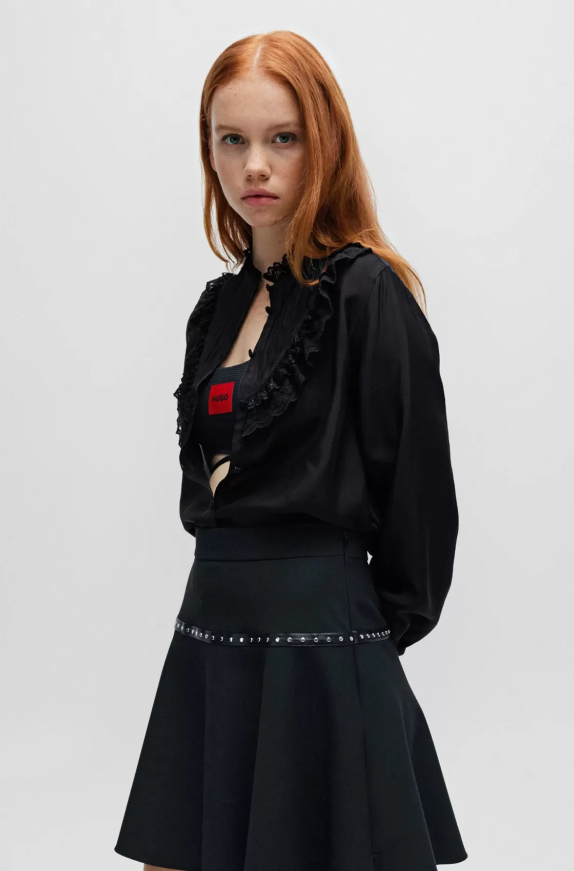 HUGO BOSS Regular-fit Blouse With Lace Trims And Pleating Black Store