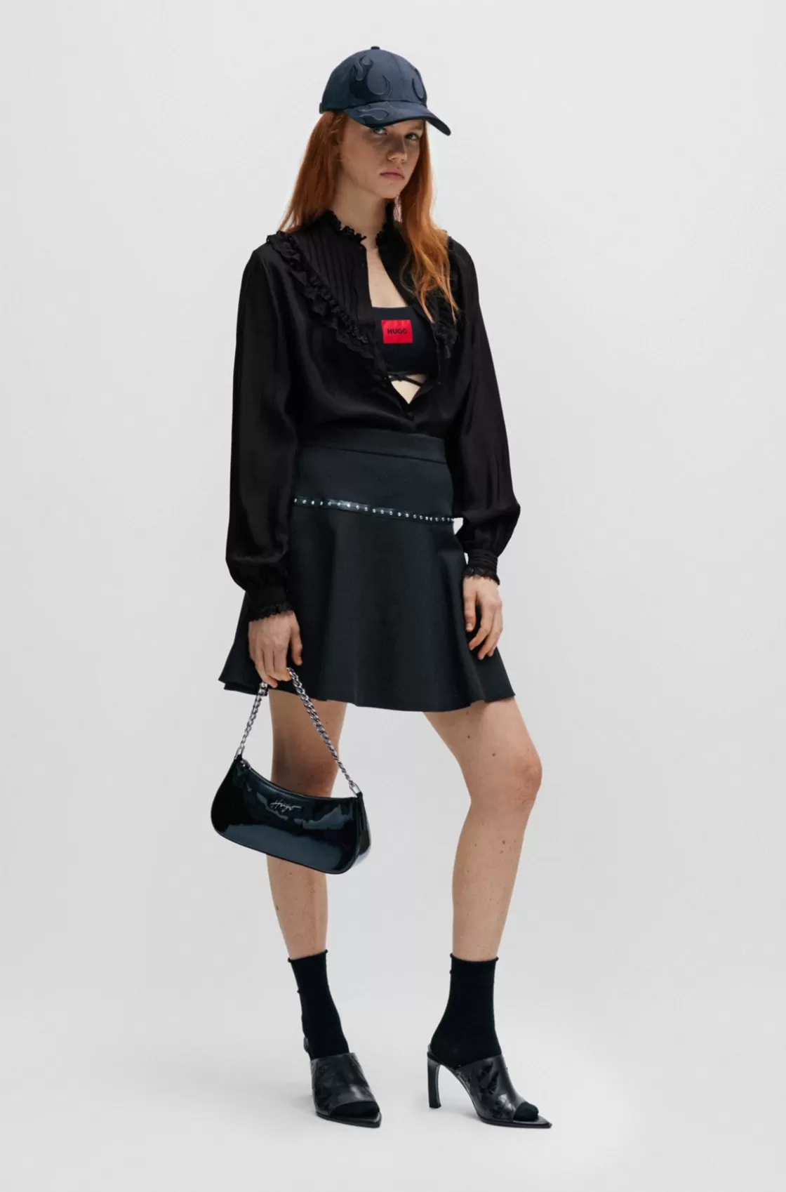 HUGO BOSS Regular-fit Blouse With Lace Trims And Pleating Black Store
