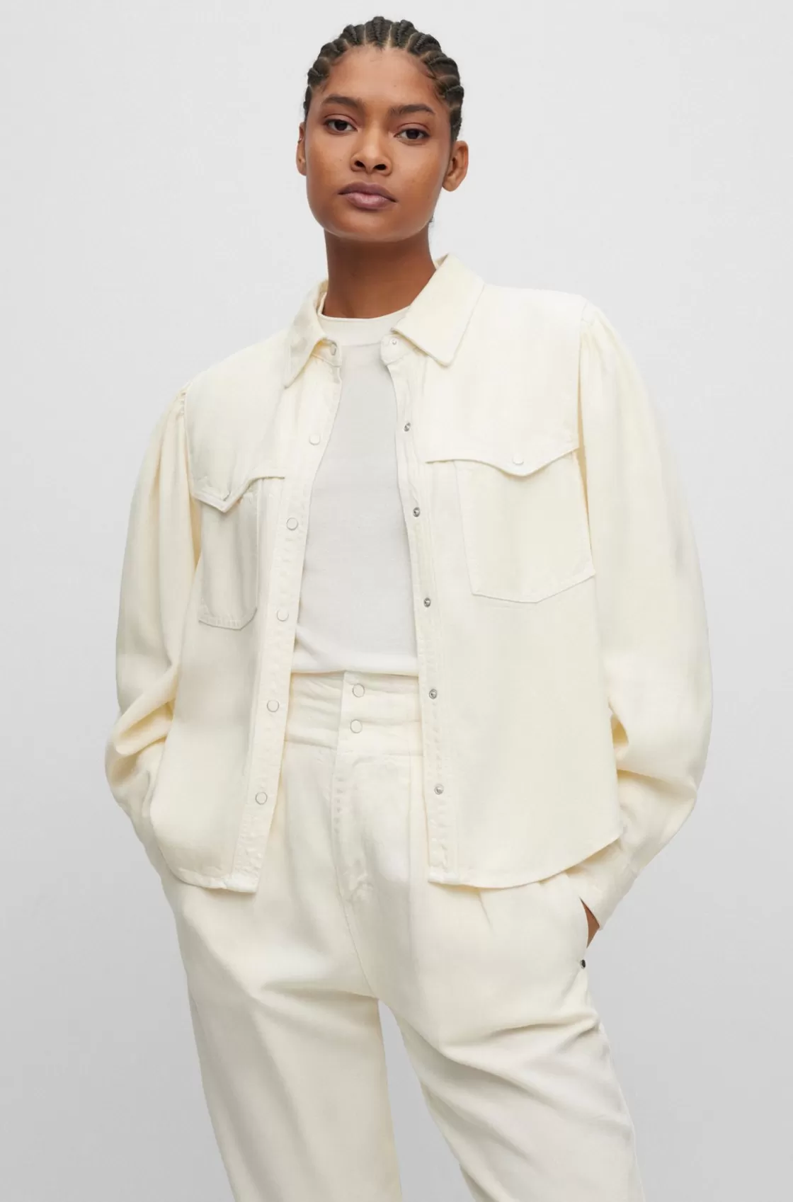 HUGO BOSS Regular-fit Blouse With Popper Closures And Point Collar White Discount
