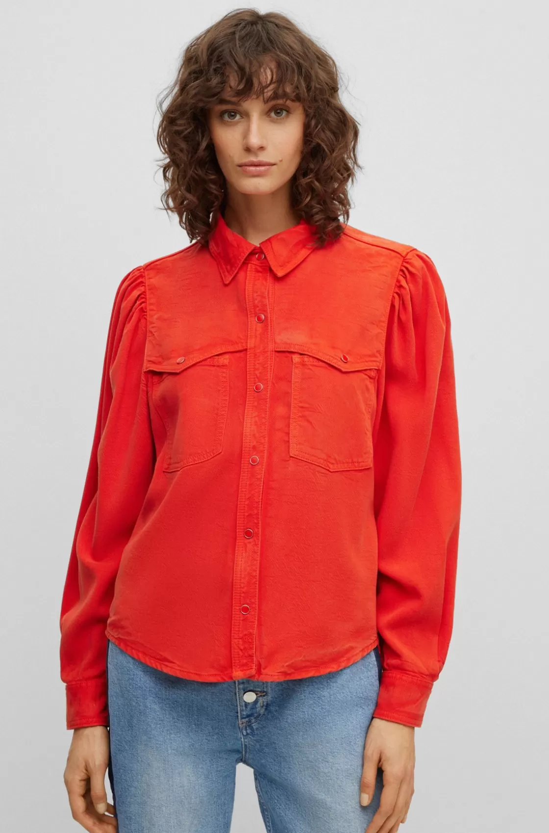HUGO BOSS Regular-fit Blouse With Popper Closures And Point Collar Orange Fashion