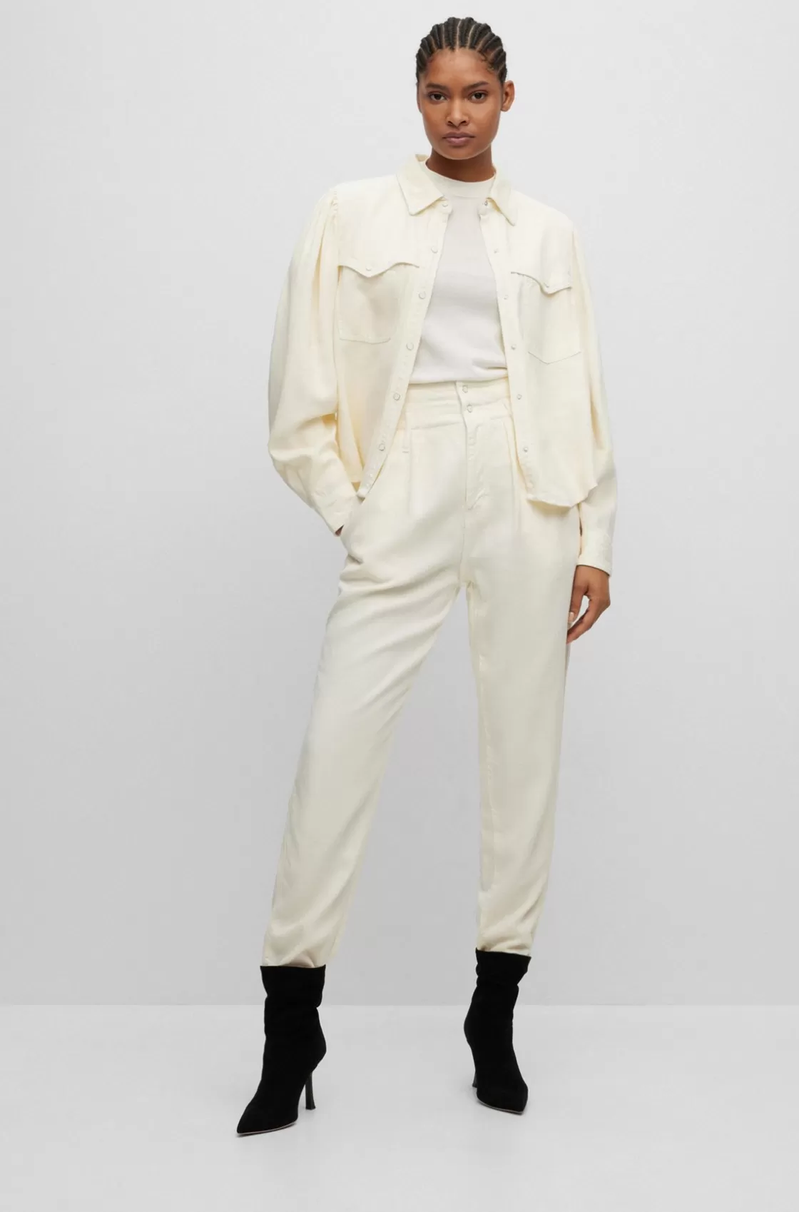 HUGO BOSS Regular-fit Blouse With Popper Closures And Point Collar White Discount