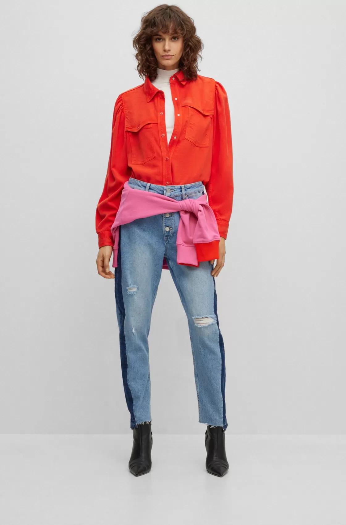 HUGO BOSS Regular-fit Blouse With Popper Closures And Point Collar Orange Fashion