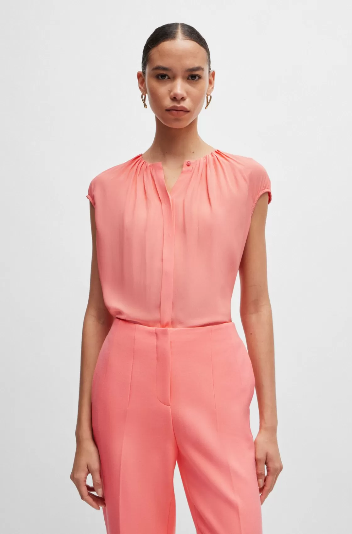 HUGO BOSS Regular-fit Cap-sleeved Blouse With Gathered Details Light Purple Cheap