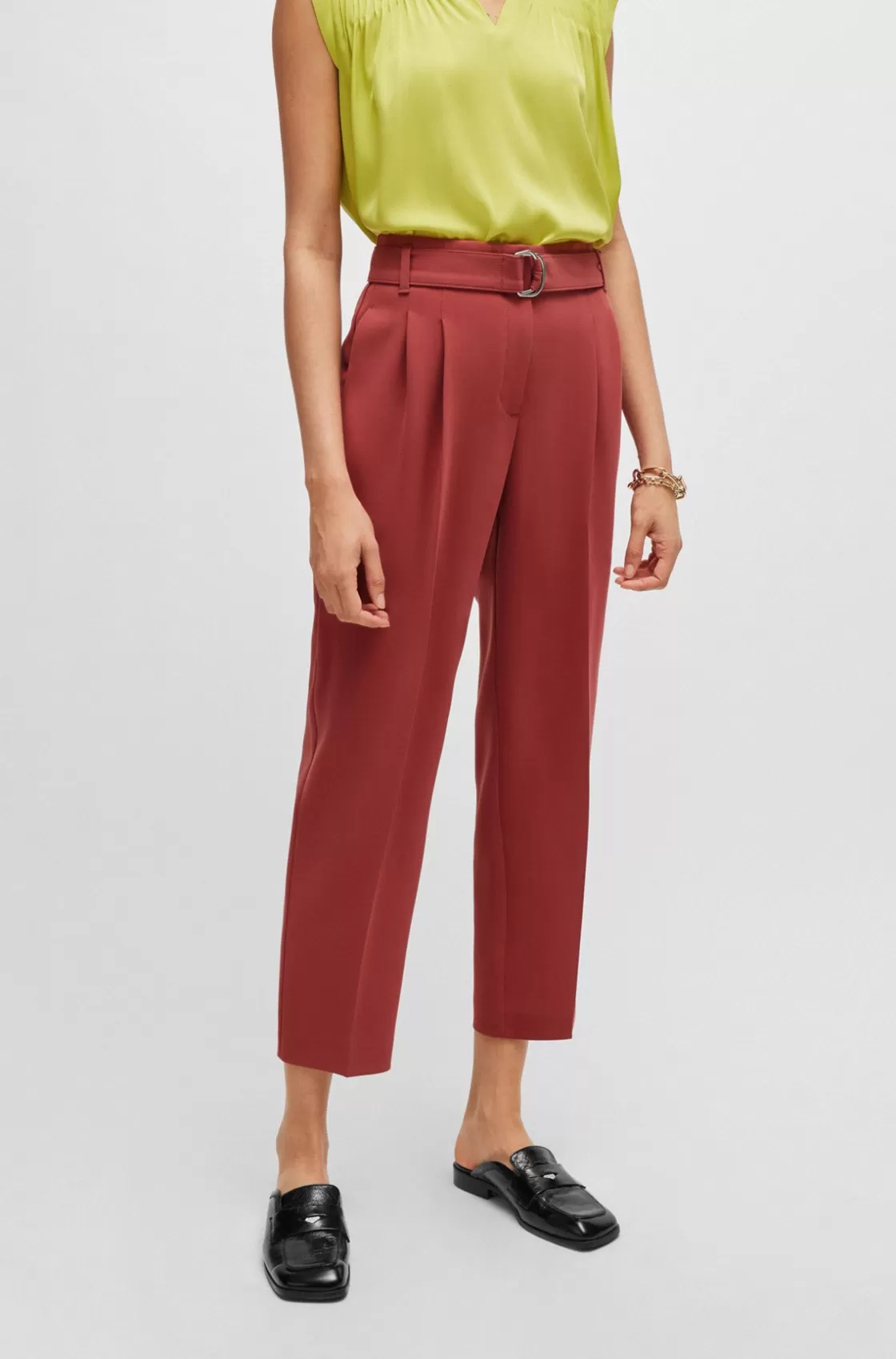 HUGO BOSS Regular-fit Cropped Trousers In Crease-resistant Crepe Dark Red Fashion