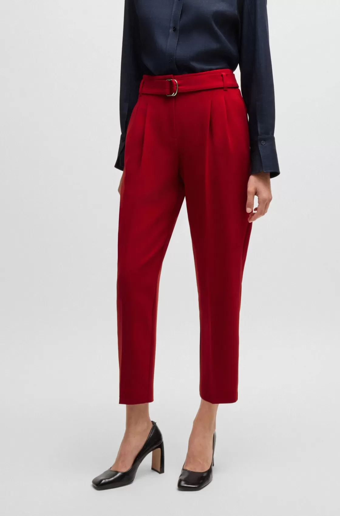 HUGO BOSS Regular-fit Cropped Trousers In Crease-resistant Crepe Red Fashion
