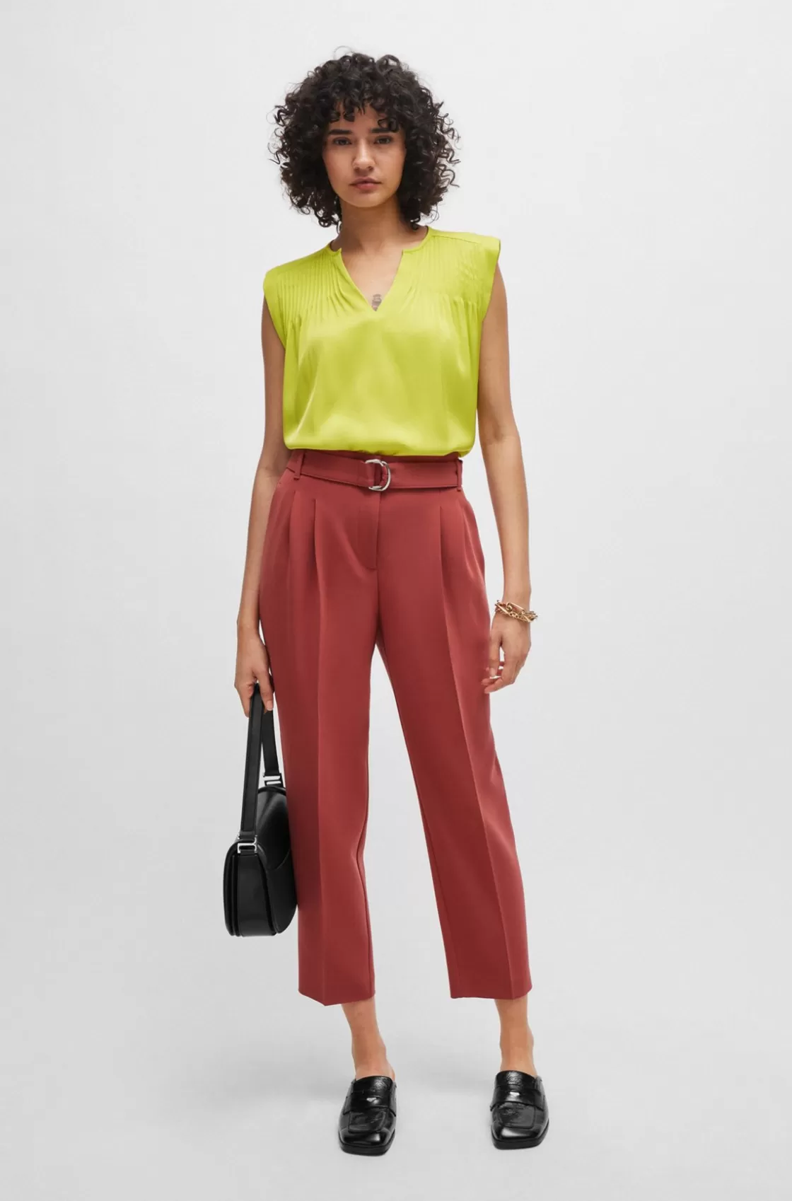 HUGO BOSS Regular-fit Cropped Trousers In Crease-resistant Crepe Dark Red Fashion