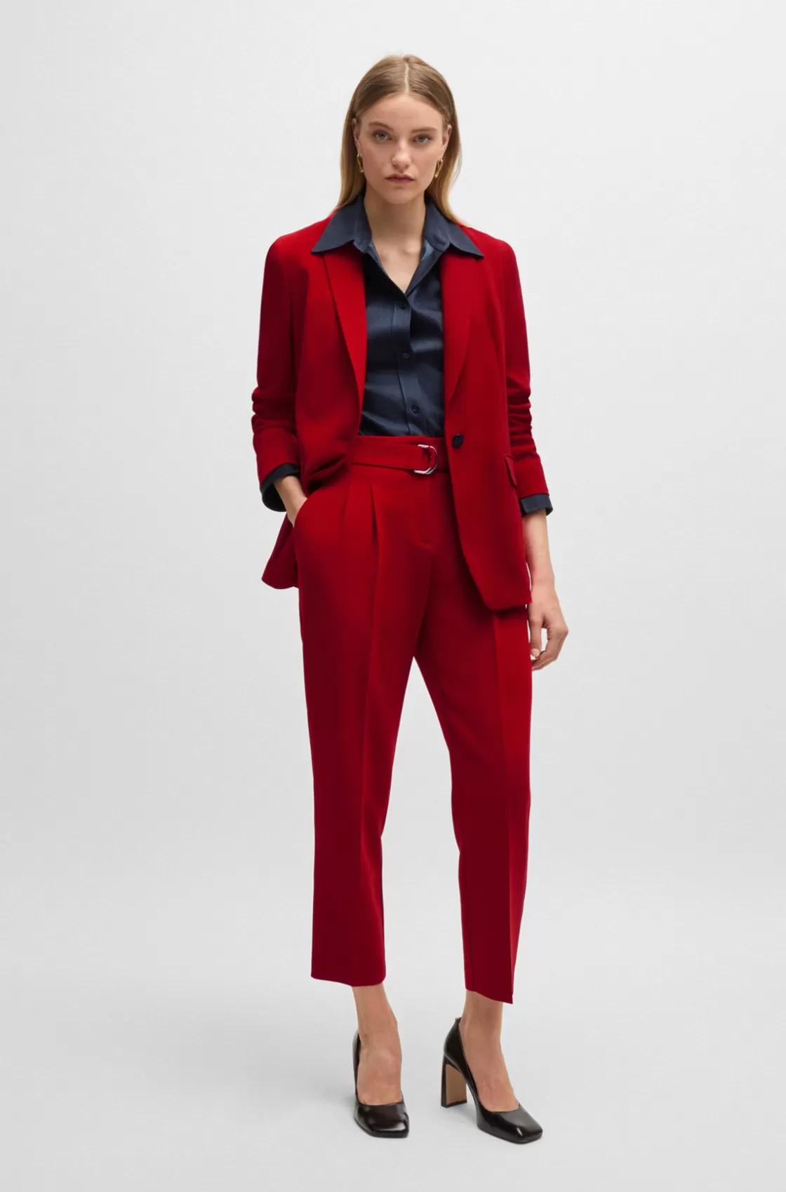 HUGO BOSS Regular-fit Cropped Trousers In Crease-resistant Crepe Red Fashion