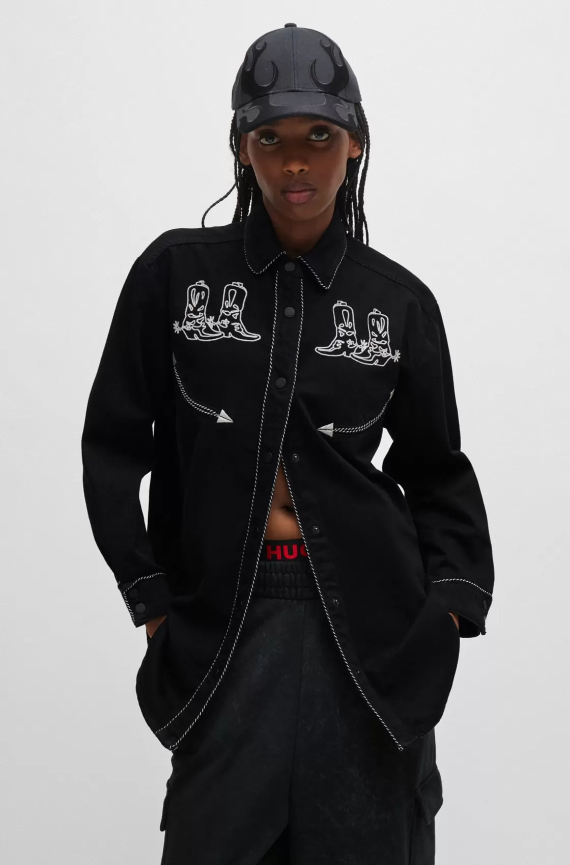 HUGO BOSS Regular-fit Denim Blouse With Embroidered Details Black Sale