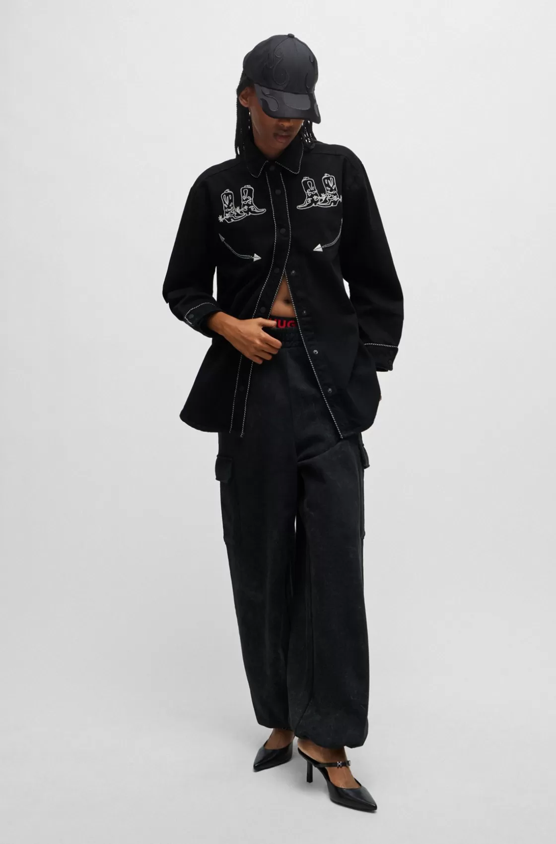 HUGO BOSS Regular-fit Denim Blouse With Embroidered Details Black Sale