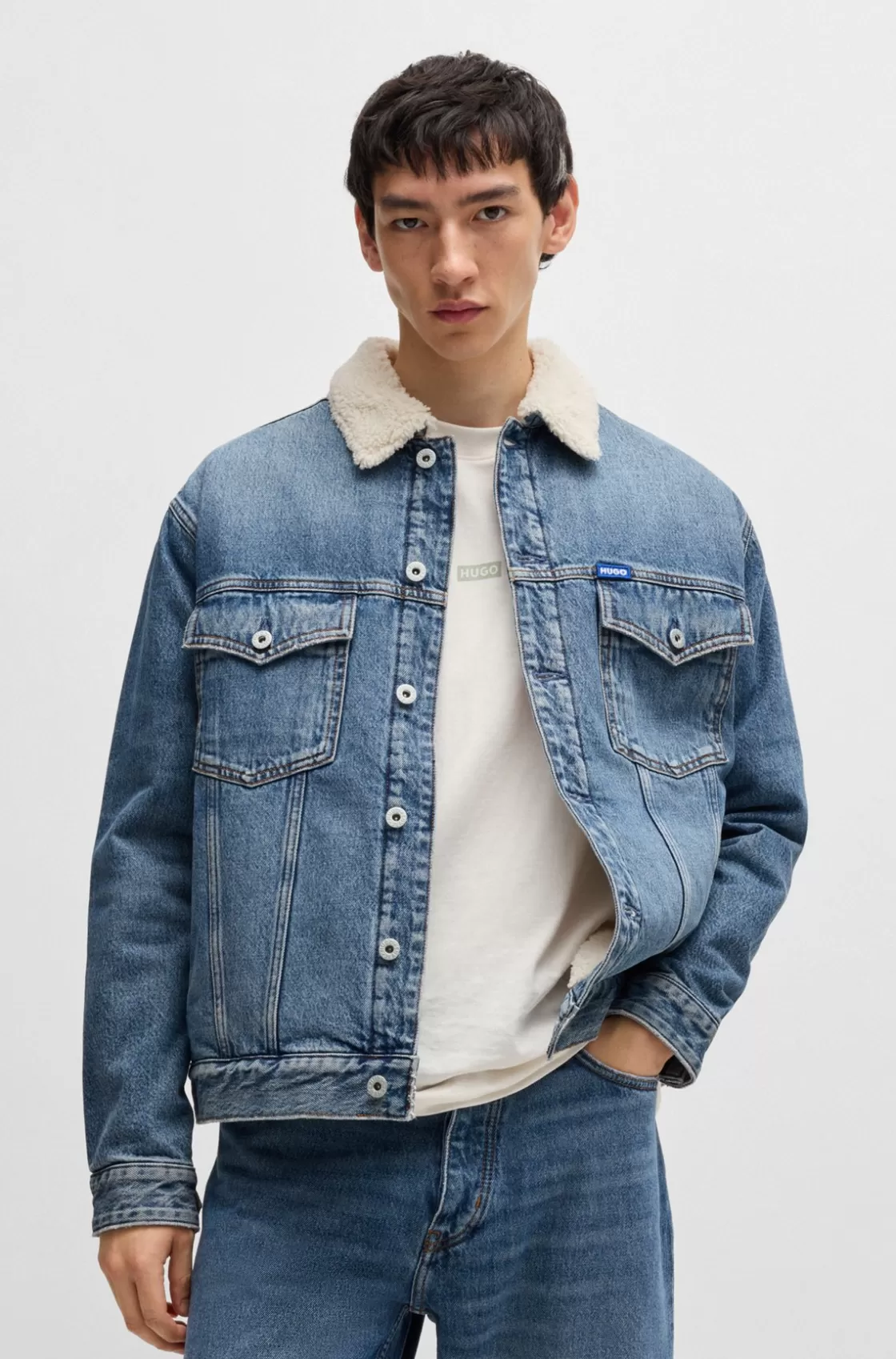HUGO BOSS Regular-fit Denim Jacket With Faux-fur Lining Dark Blue Clearance