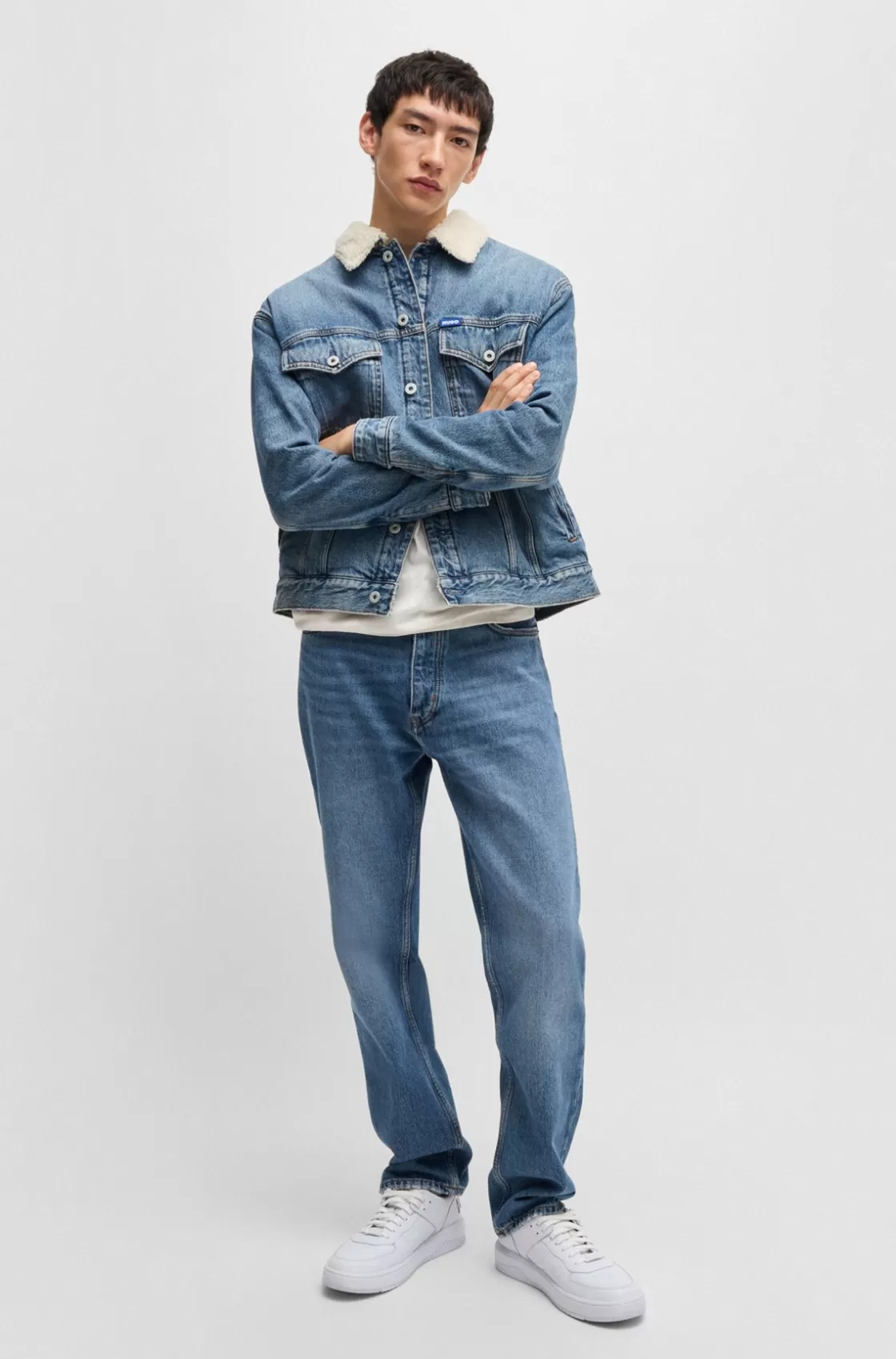 HUGO BOSS Regular-fit Denim Jacket With Faux-fur Lining Dark Blue Clearance