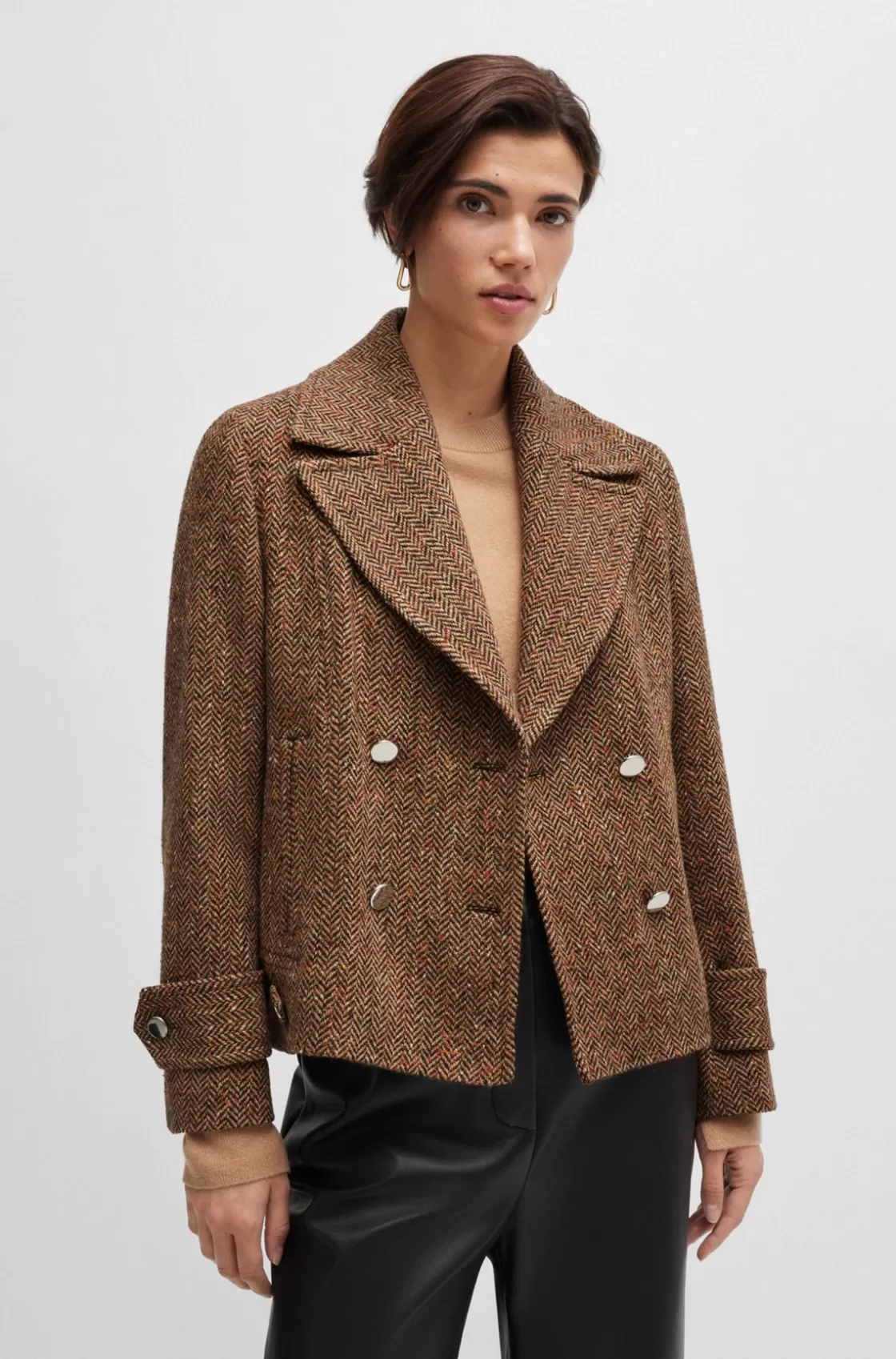 HUGO BOSS Regular-fit Double-breasted Coat In Herringbone Tweed Patterned Outlet