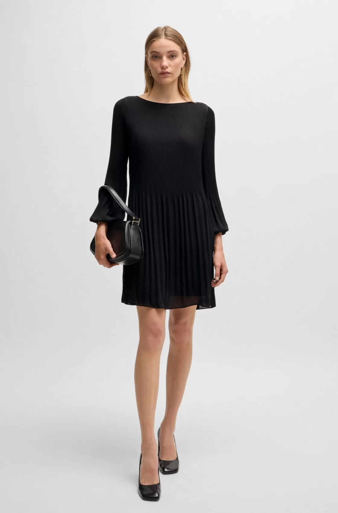 HUGO BOSS Regular-fit Dress With Plissé Pleats And Crew Neckline Black Shop