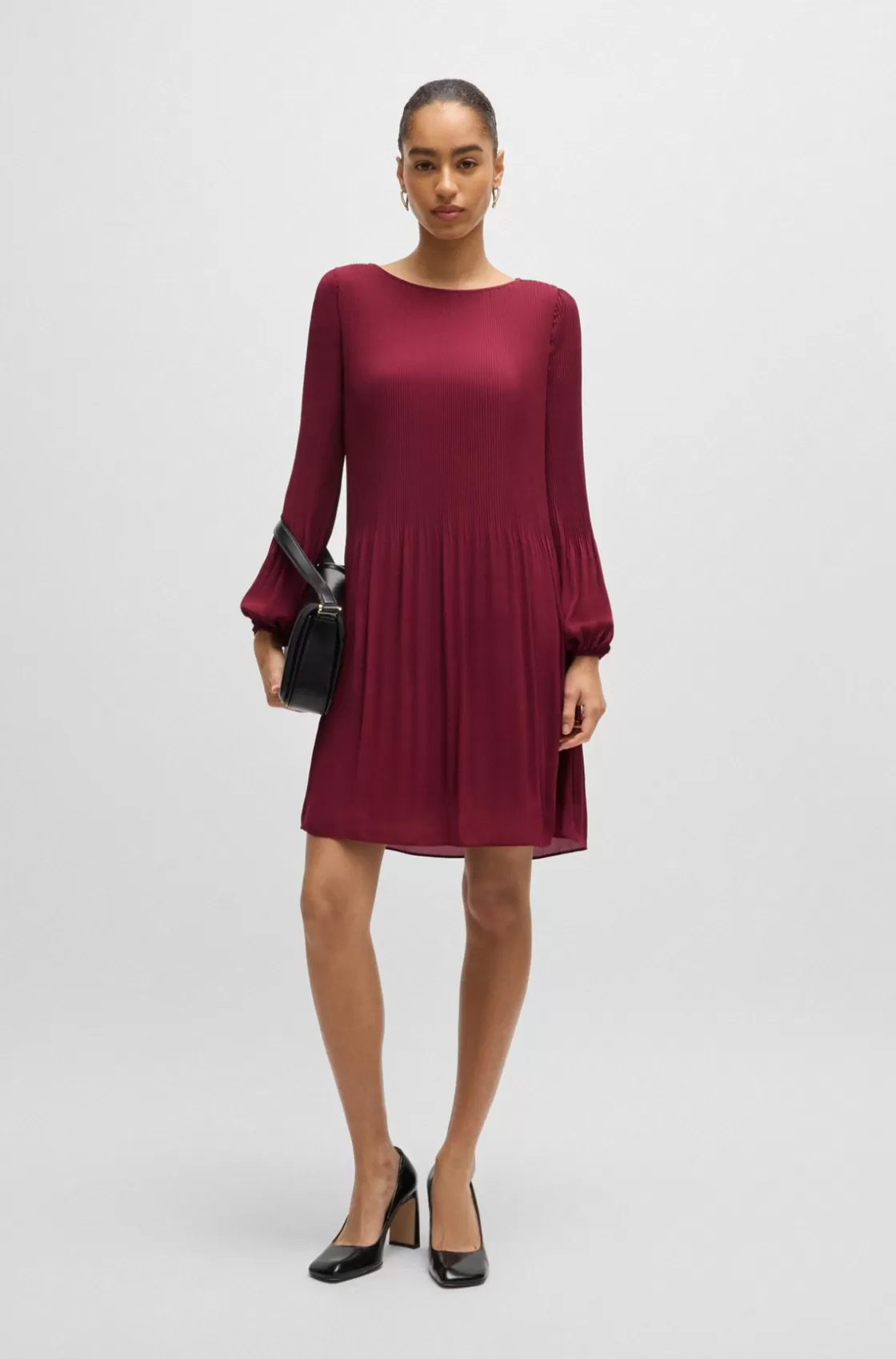 HUGO BOSS Regular-fit Dress With Plissé Pleats And Crew Neckline Dark Red Fashion