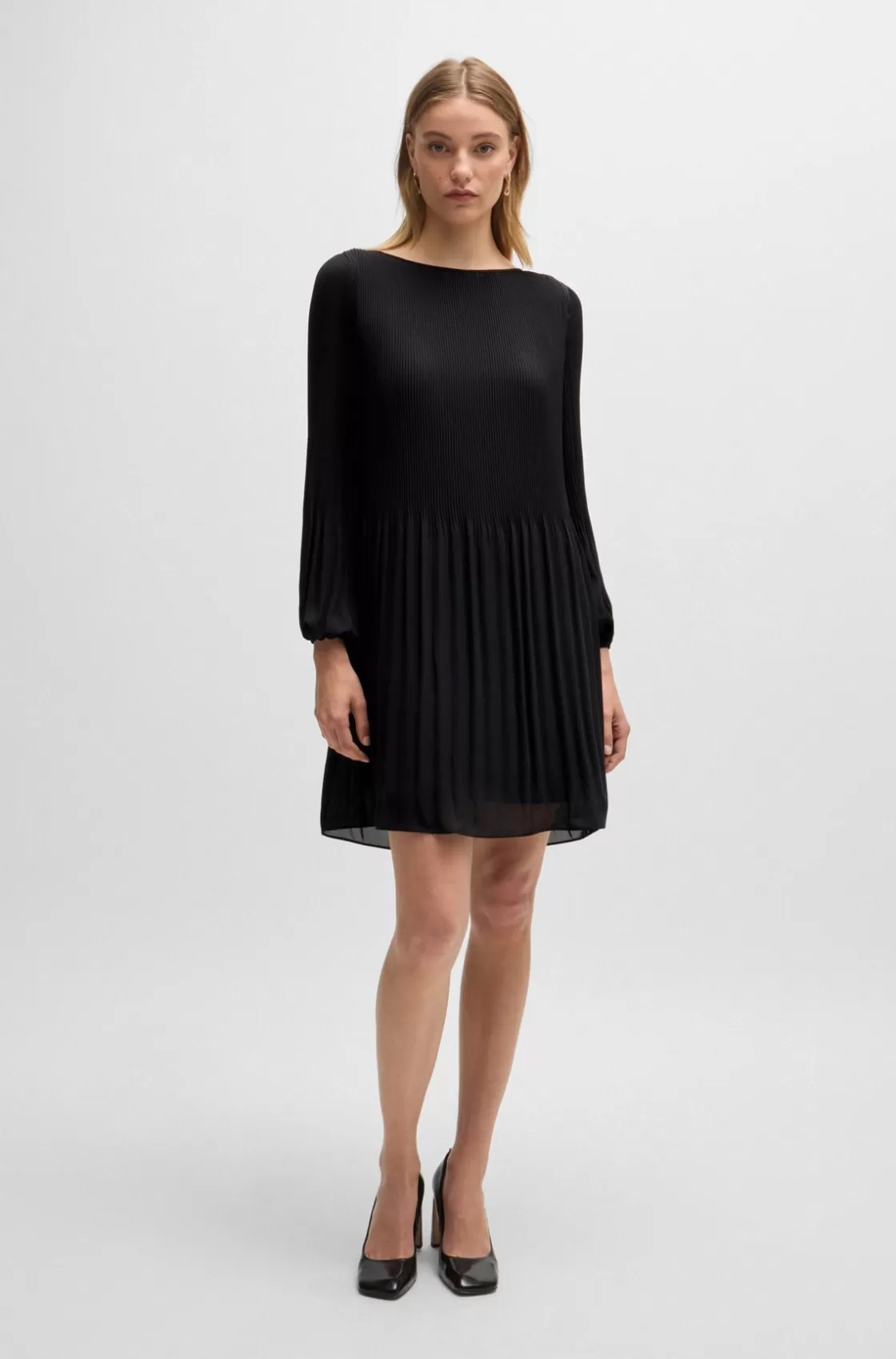 HUGO BOSS Regular-fit Dress With Plissé Pleats And Crew Neckline Black Shop
