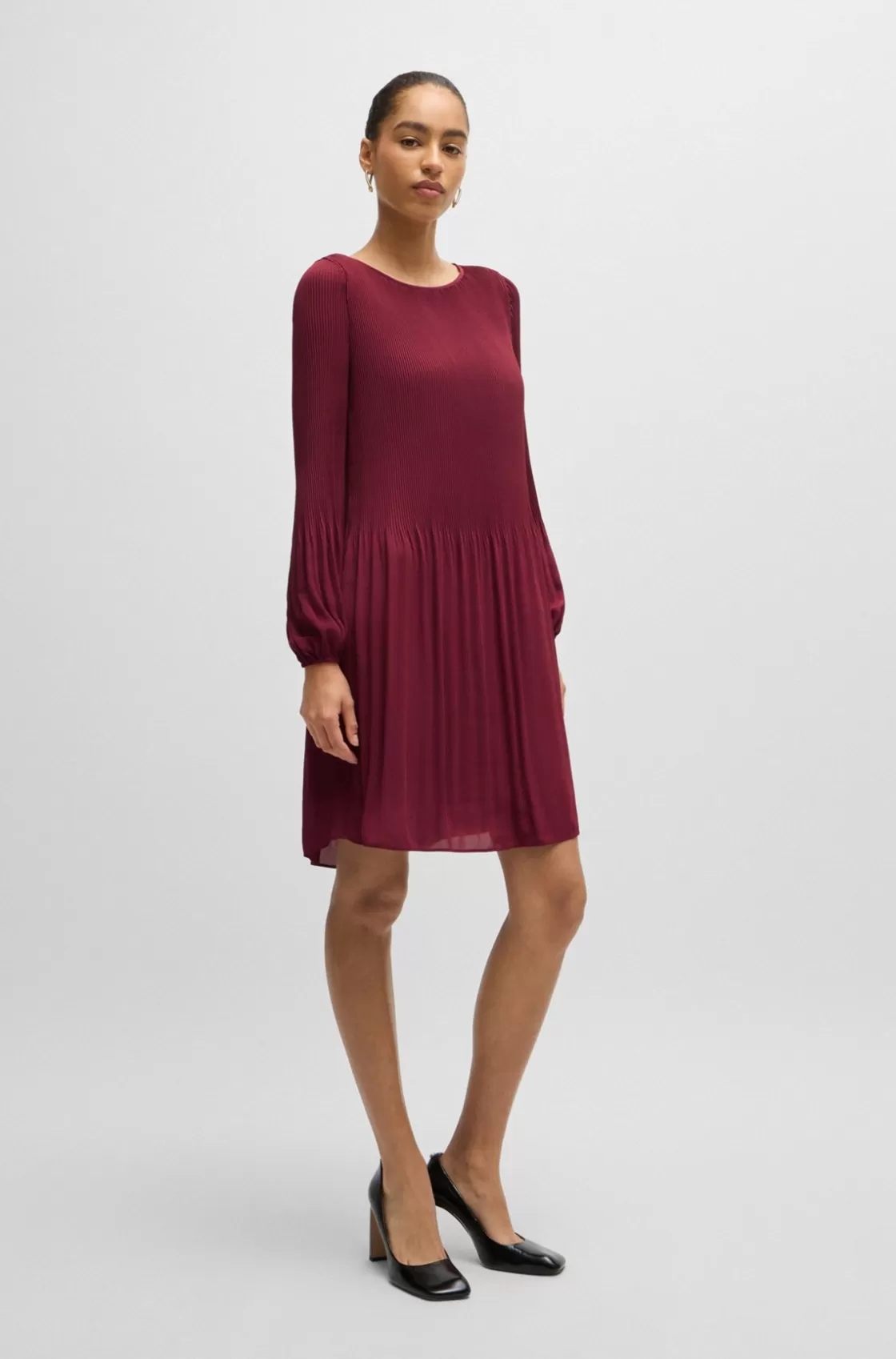 HUGO BOSS Regular-fit Dress With Plissé Pleats And Crew Neckline Dark Red Fashion